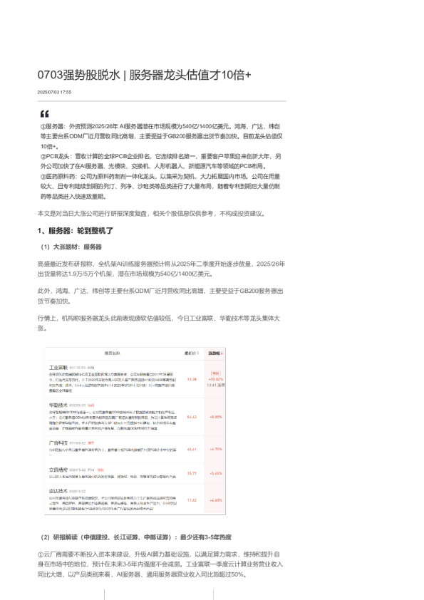 强势股脱水丨服务器龙头估值才10倍+