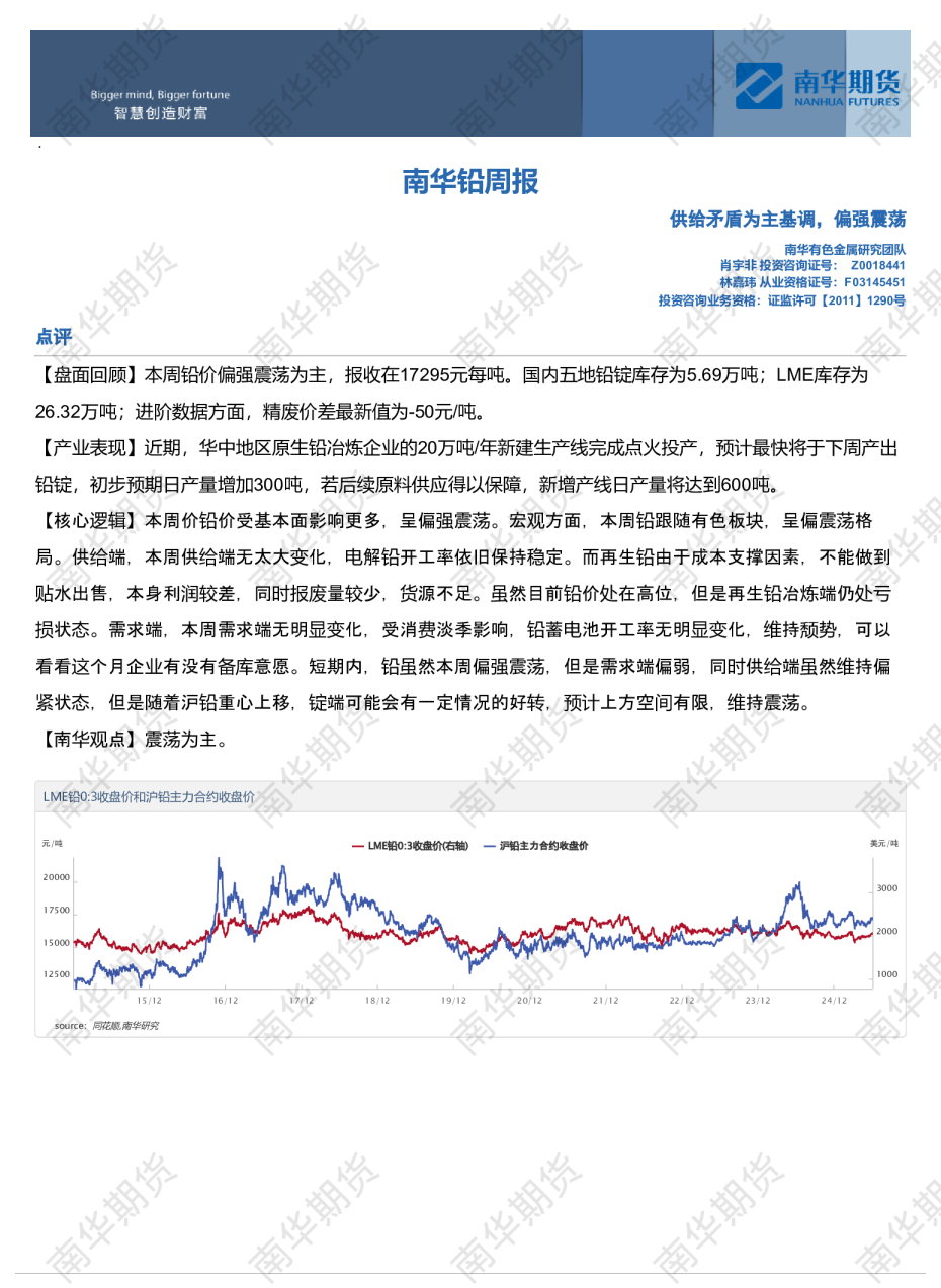 南华有色金属（铅）周报：供给矛盾为主基调，偏强震荡20250706