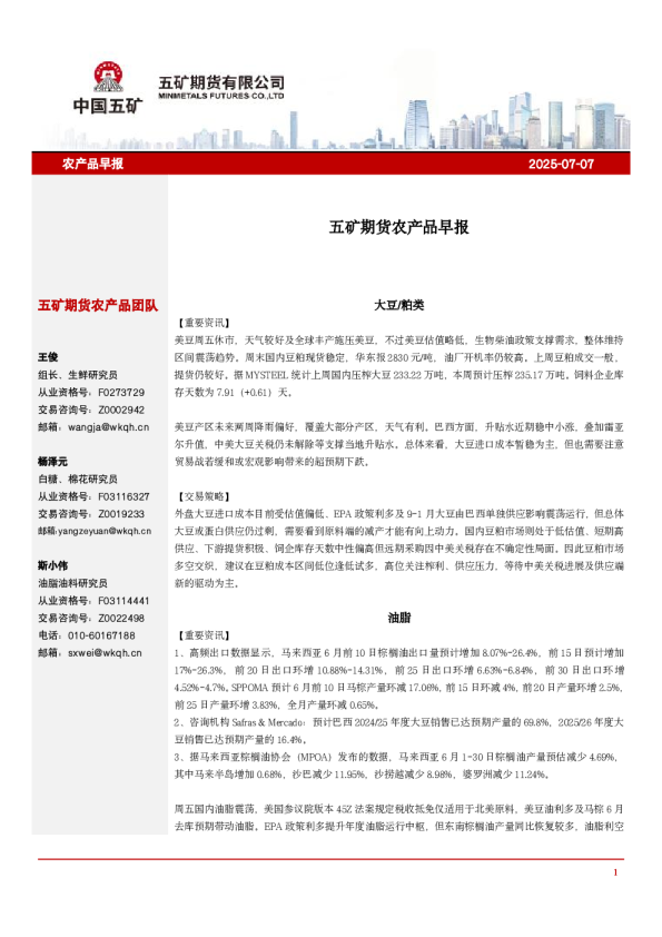 五矿期货农产品早报
