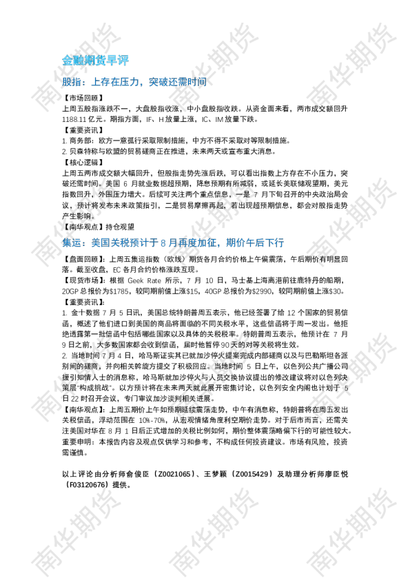金融期货早评