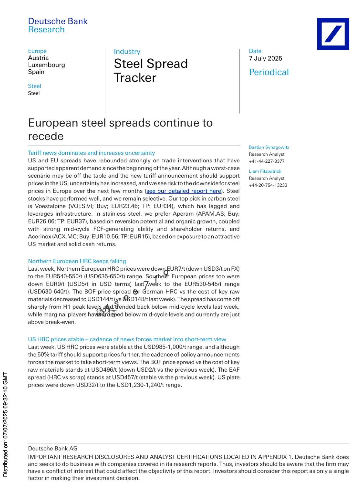 欧洲钢铁价差持续回落，关税消息主导并增加不确定性