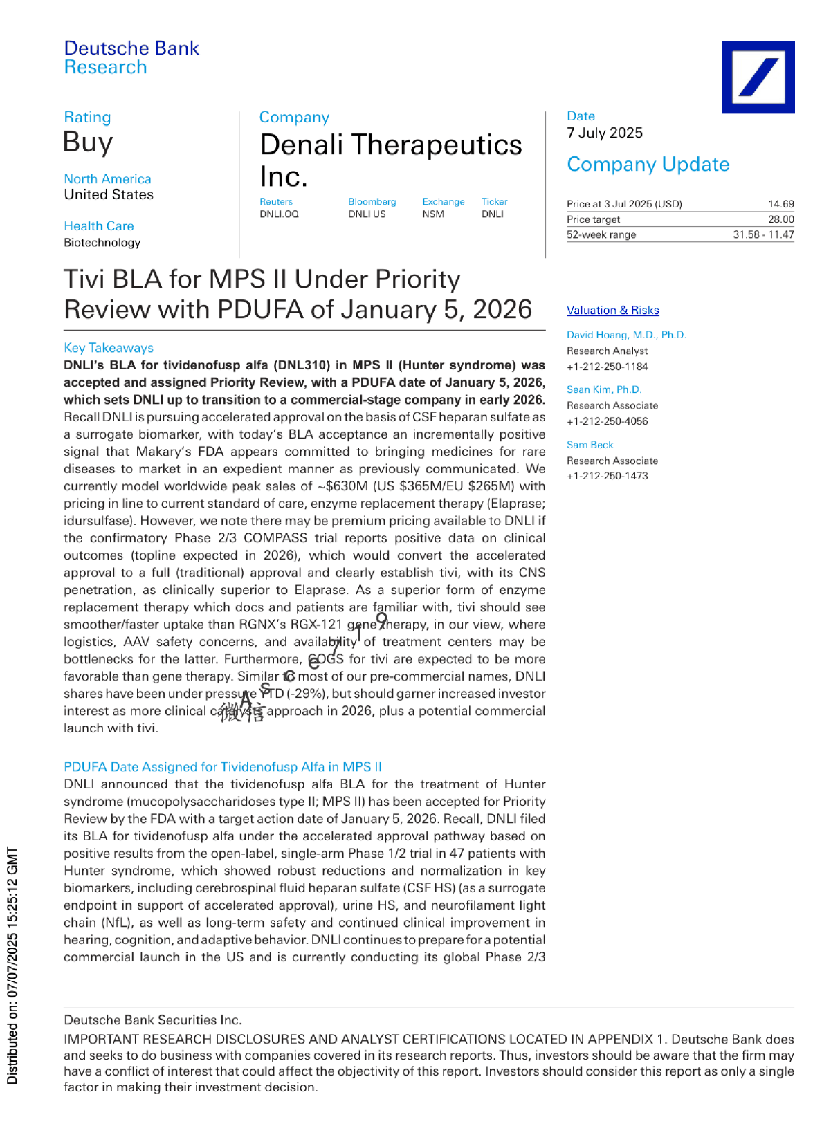 Denali Therapeutics公司更新：Tividenofusp Alfa治疗MPS II的BLA获优先审评，PDUFA日期为2026年1月5日