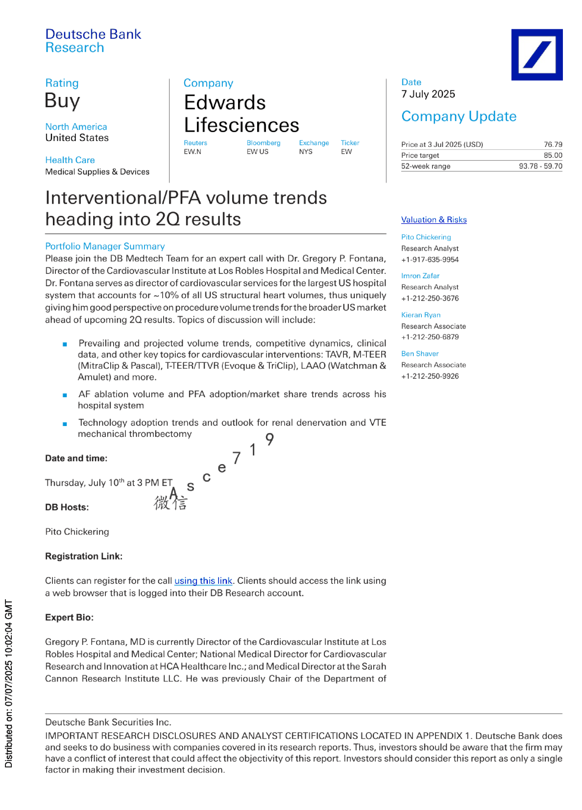 爱德华生命科学公司更新：介入/PFA 量趋势及二季度业绩前瞻