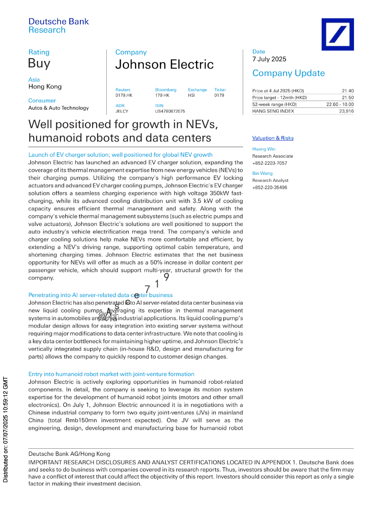 Johnson Electric公司更新：在新能源汽车、人形机器人和数据中心领域具备增长潜力