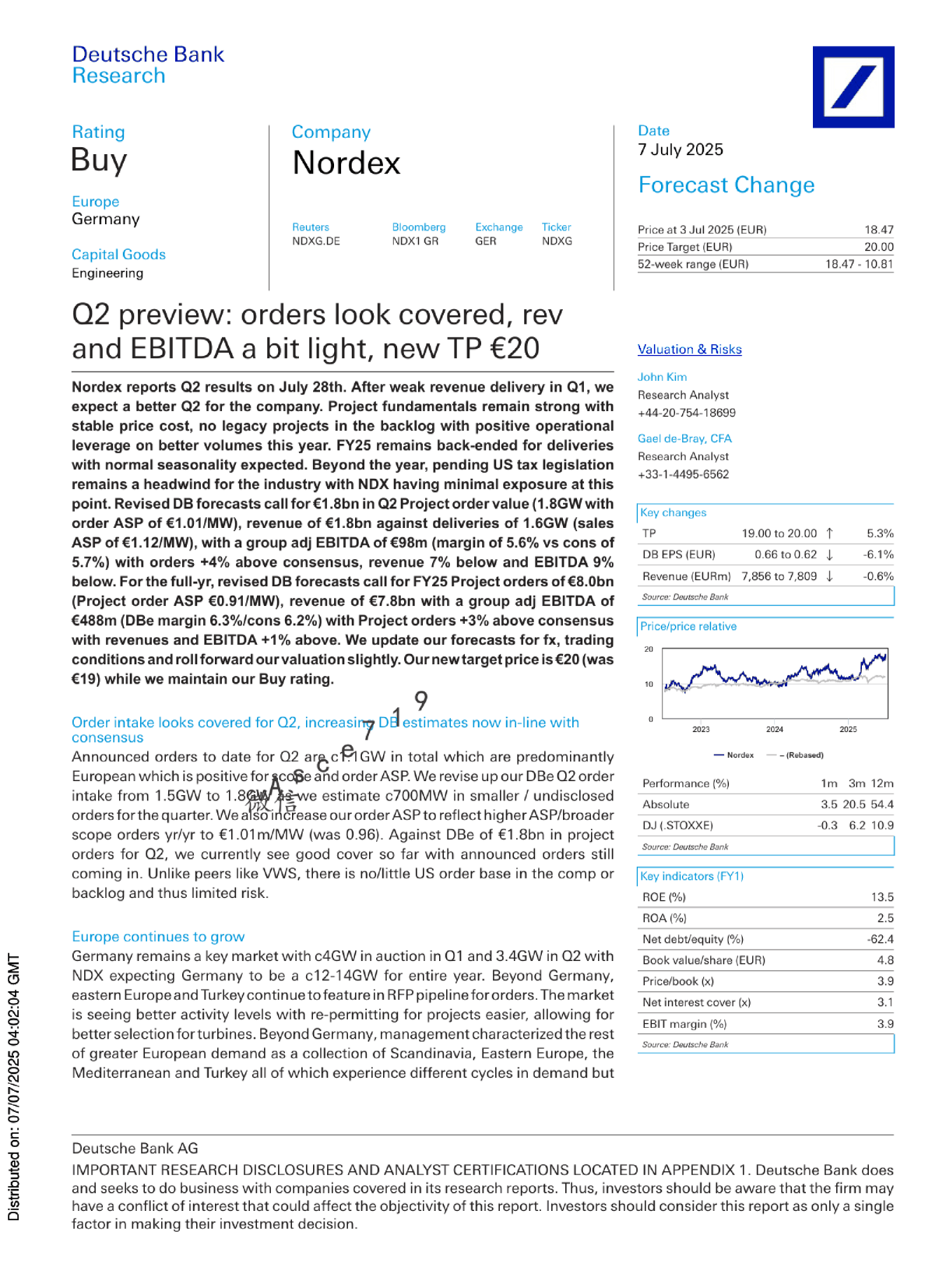 Q2预览：订单覆盖良好，营收和EBITDA略低，新目标价20欧元