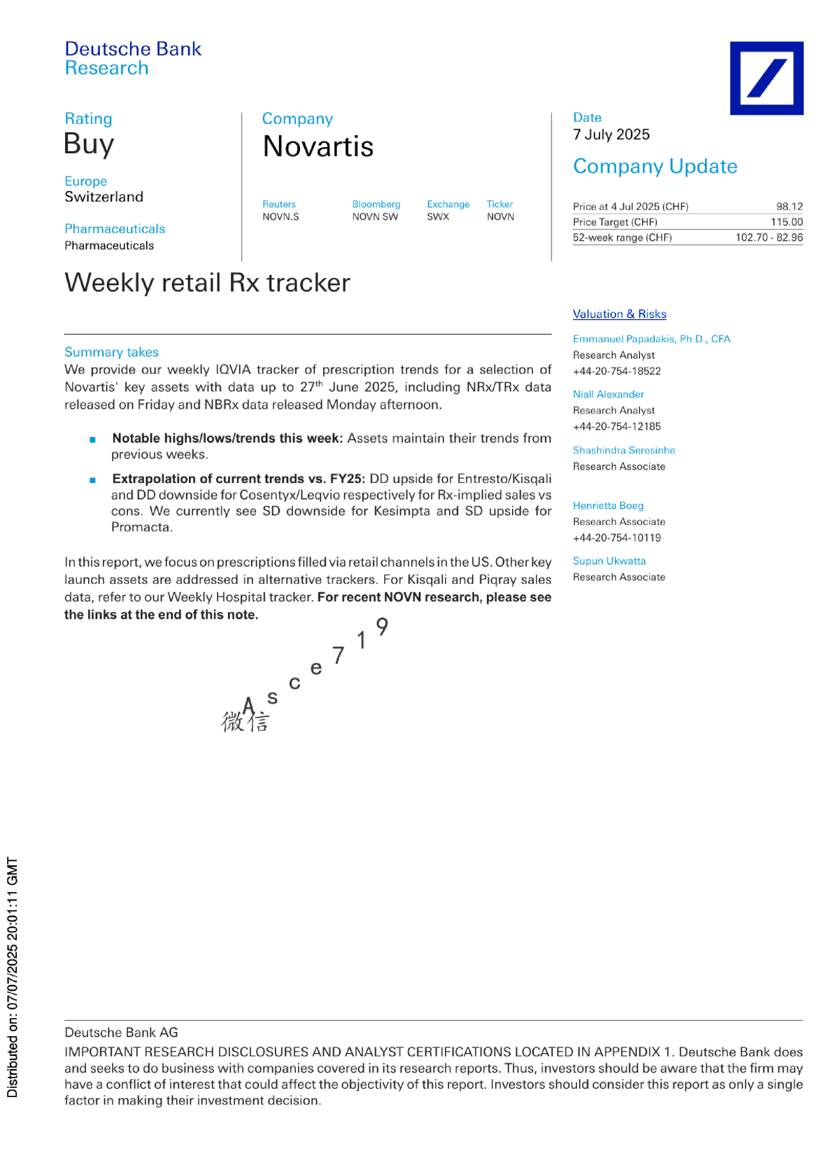 诺华公司每周零售处方跟踪报告