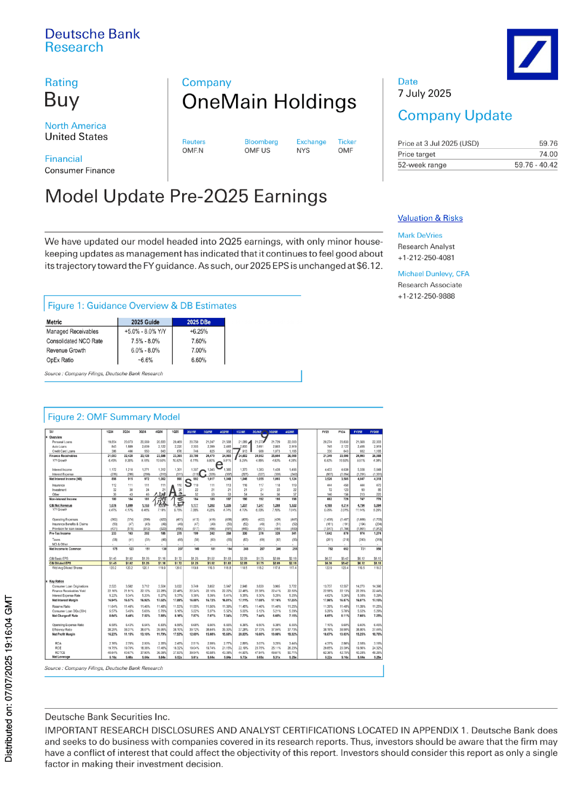 OneMain Holdings 公司更新：2Q25 盈利前模型更新
