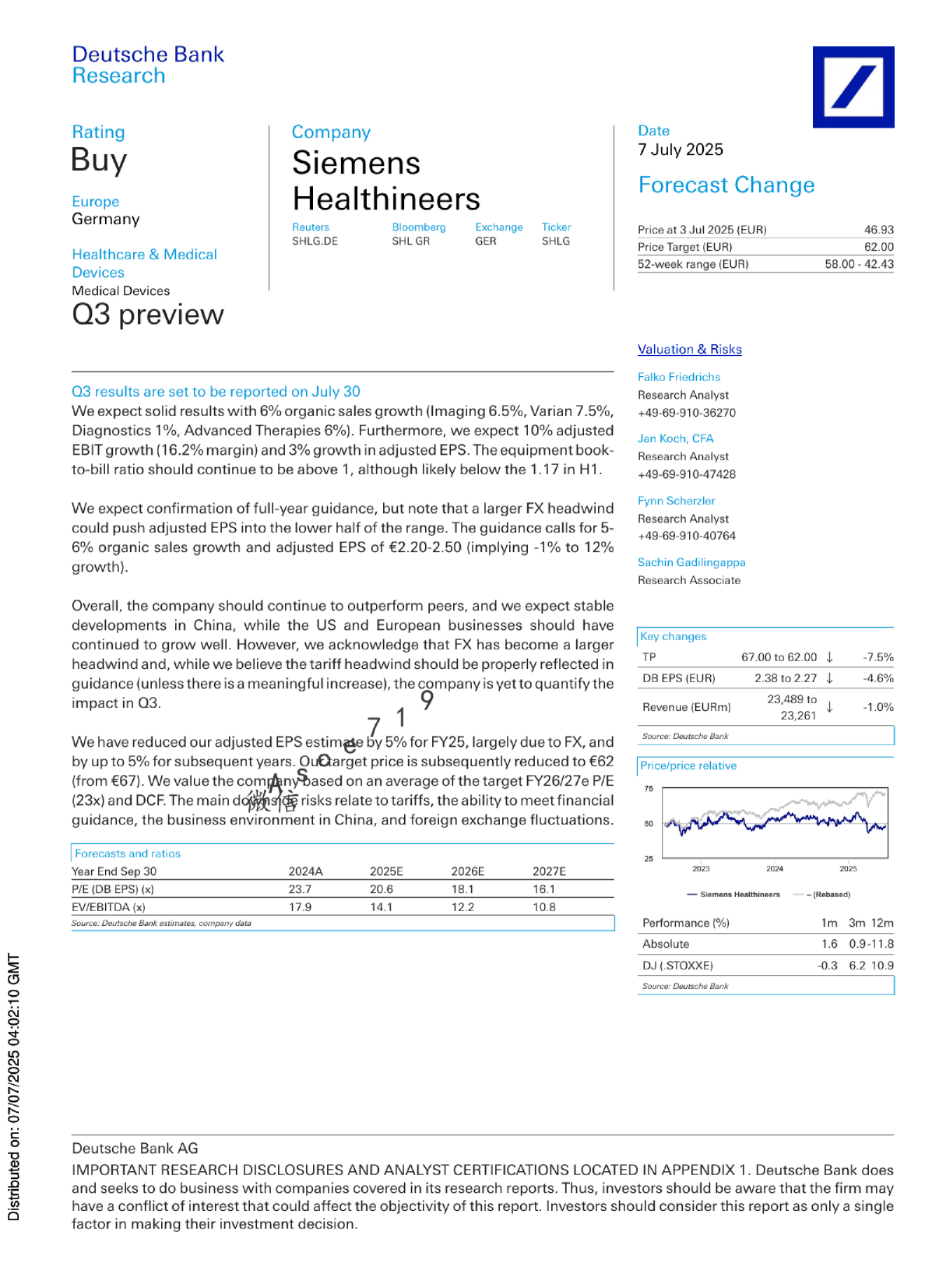 西门子医疗健康公司Q3预览：预计稳健业绩，调整目标价至62欧元