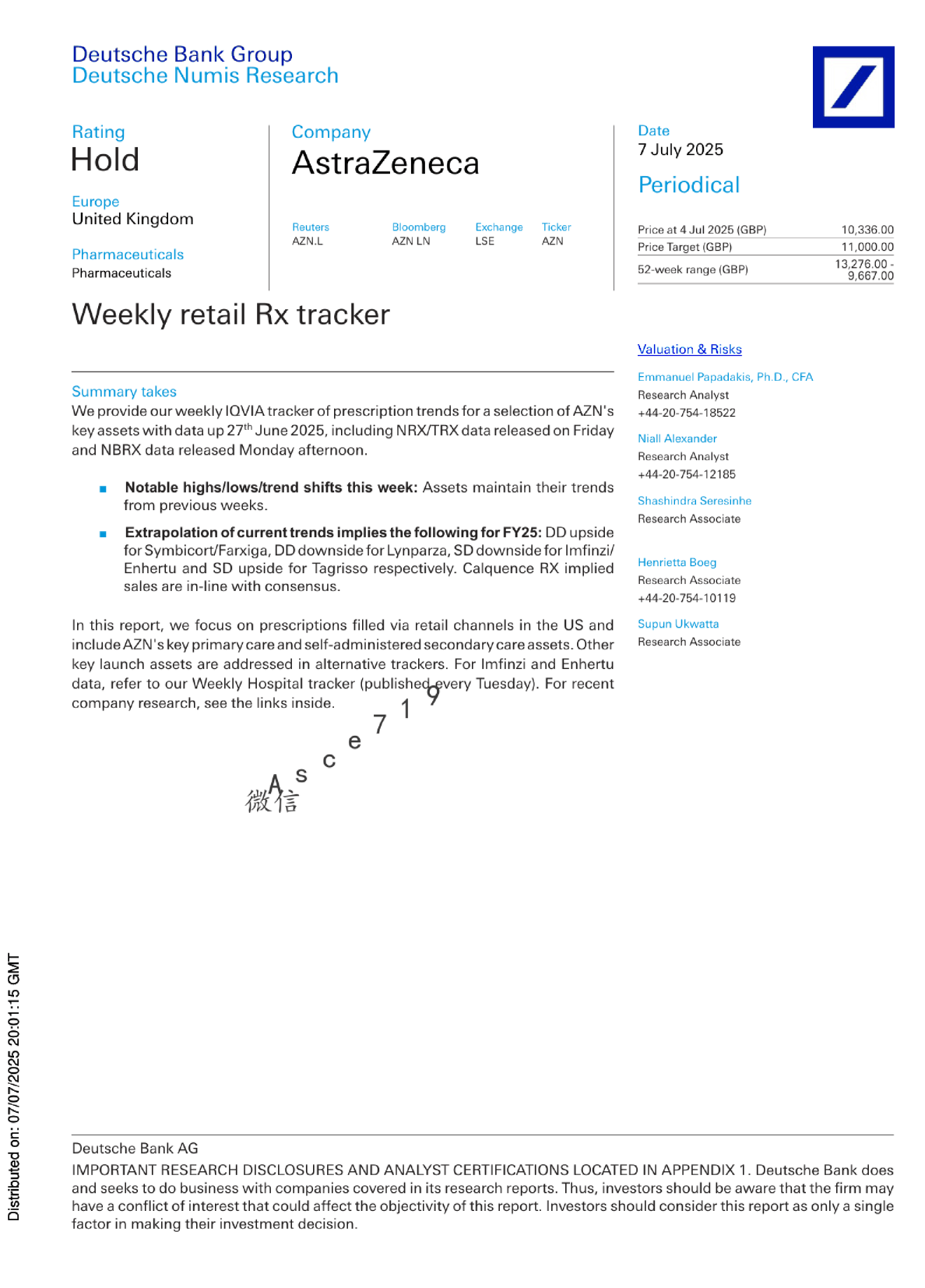 阿斯利康零售处方药周度跟踪报告