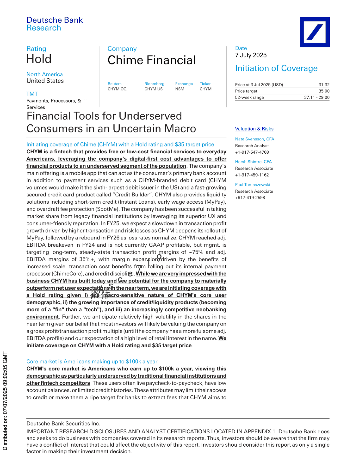 对Chime (CHYM)的首次覆盖报告：持有评级，目标价35美元