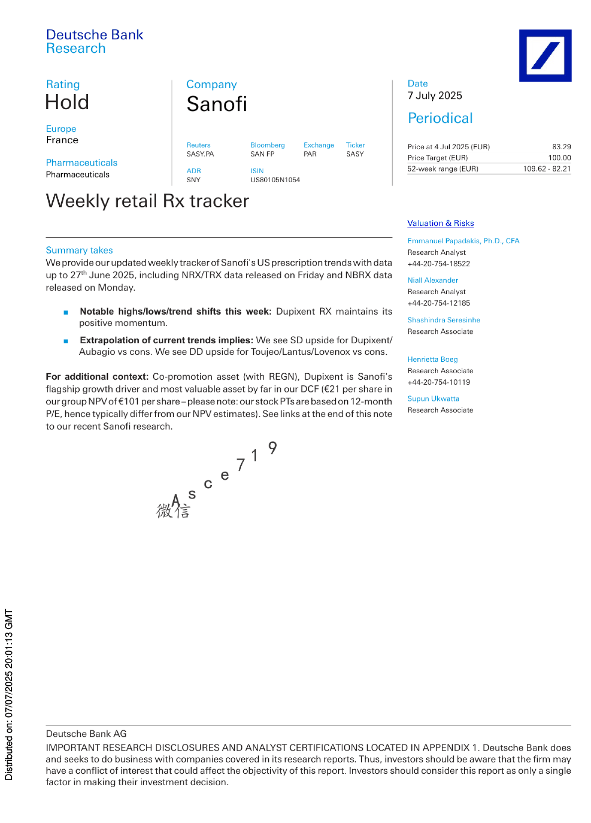 赛诺菲美国处方趋势周度跟踪报告