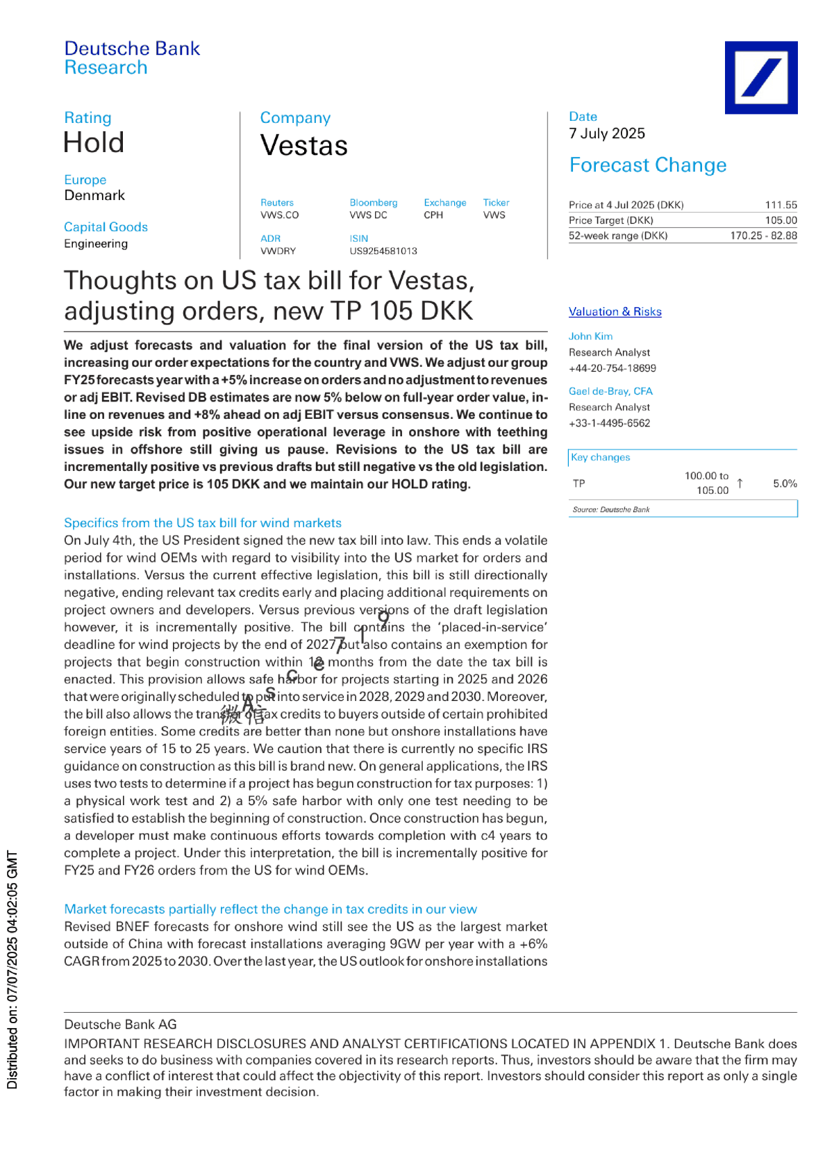 关于Vestas美国税收法案的思考，调整订单，新目标价105丹麦克朗