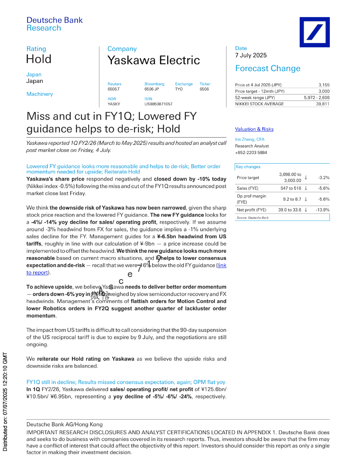 安川电机1Q FY2/26业绩低于预期并下调全年指引，重申持有评级