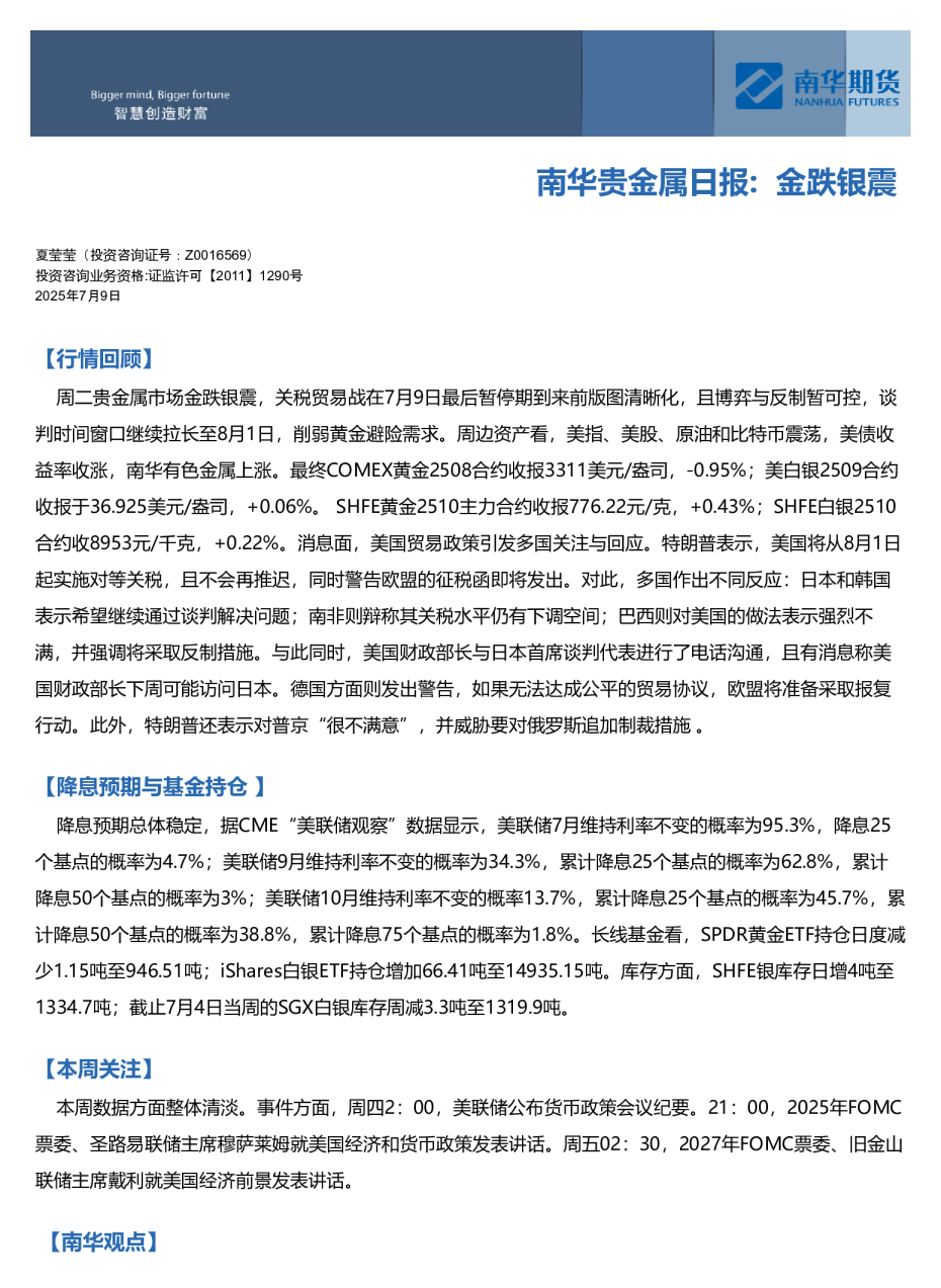 南华贵金属日报:金跌银震