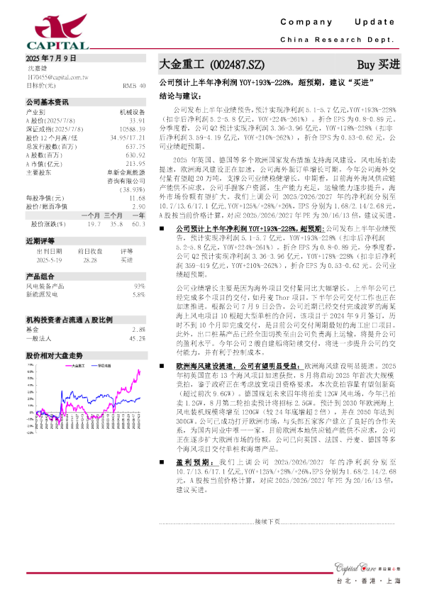 公司预计上半年净利润YOY+193%-228%，超预期，建议“买进”