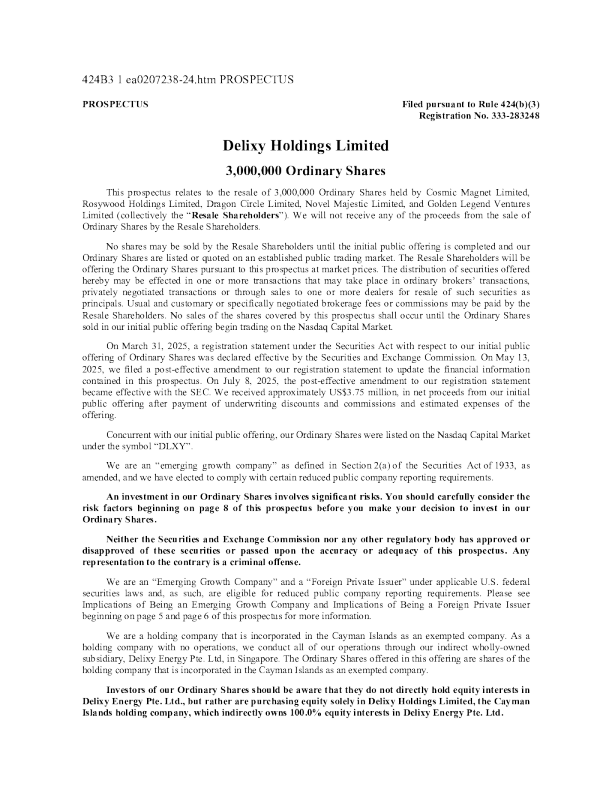 Delixy Holdings Ltd美股招股说明书(2025-07-09版)