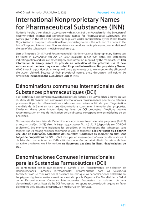 国际非专利药品名称建议清单133