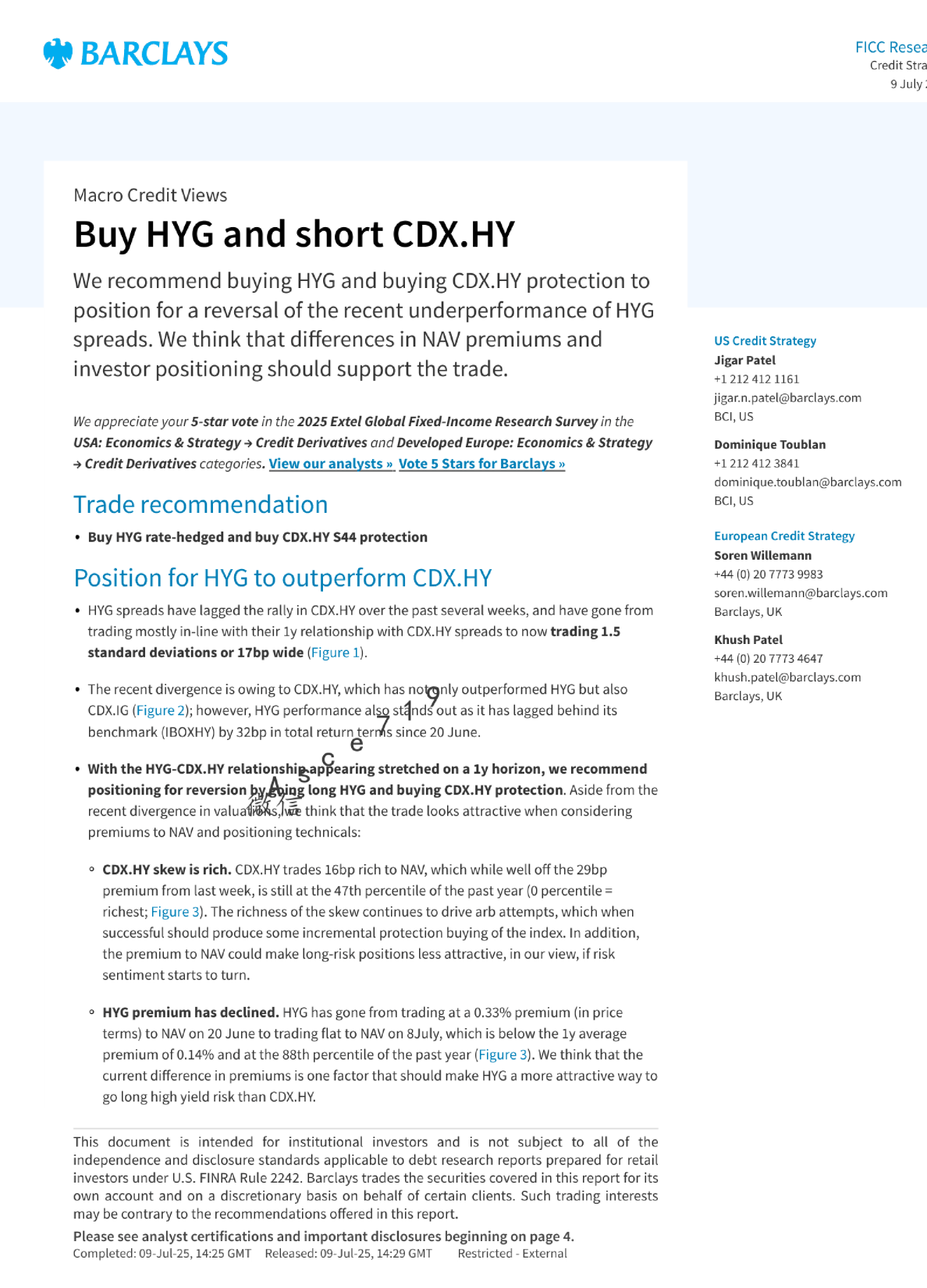 宏观信用观点：买入HYG并做空CDX.HY