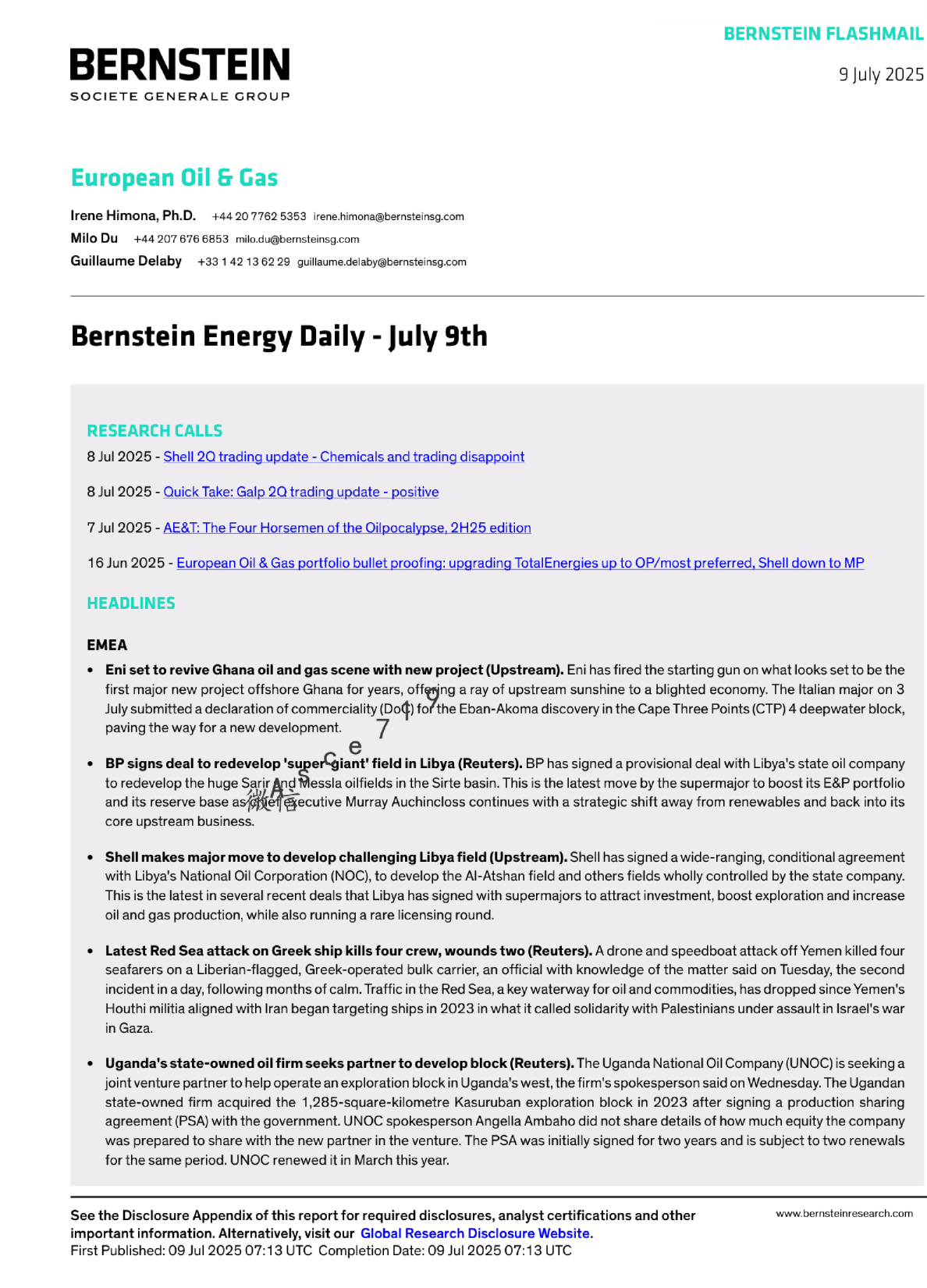 伯恩斯坦能源日报 - 7月9日