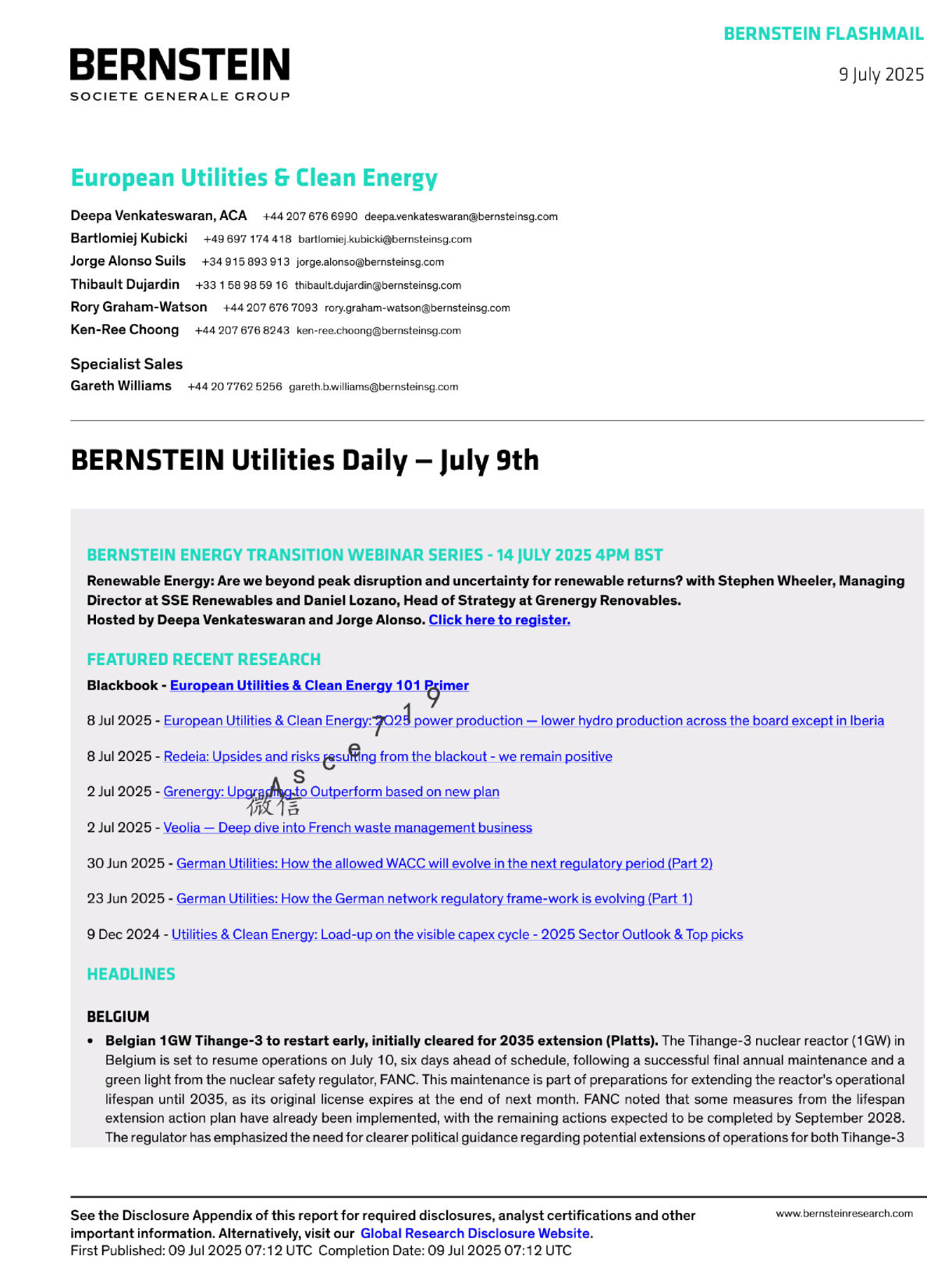 伯恩斯坦公用事业日报-7月9日