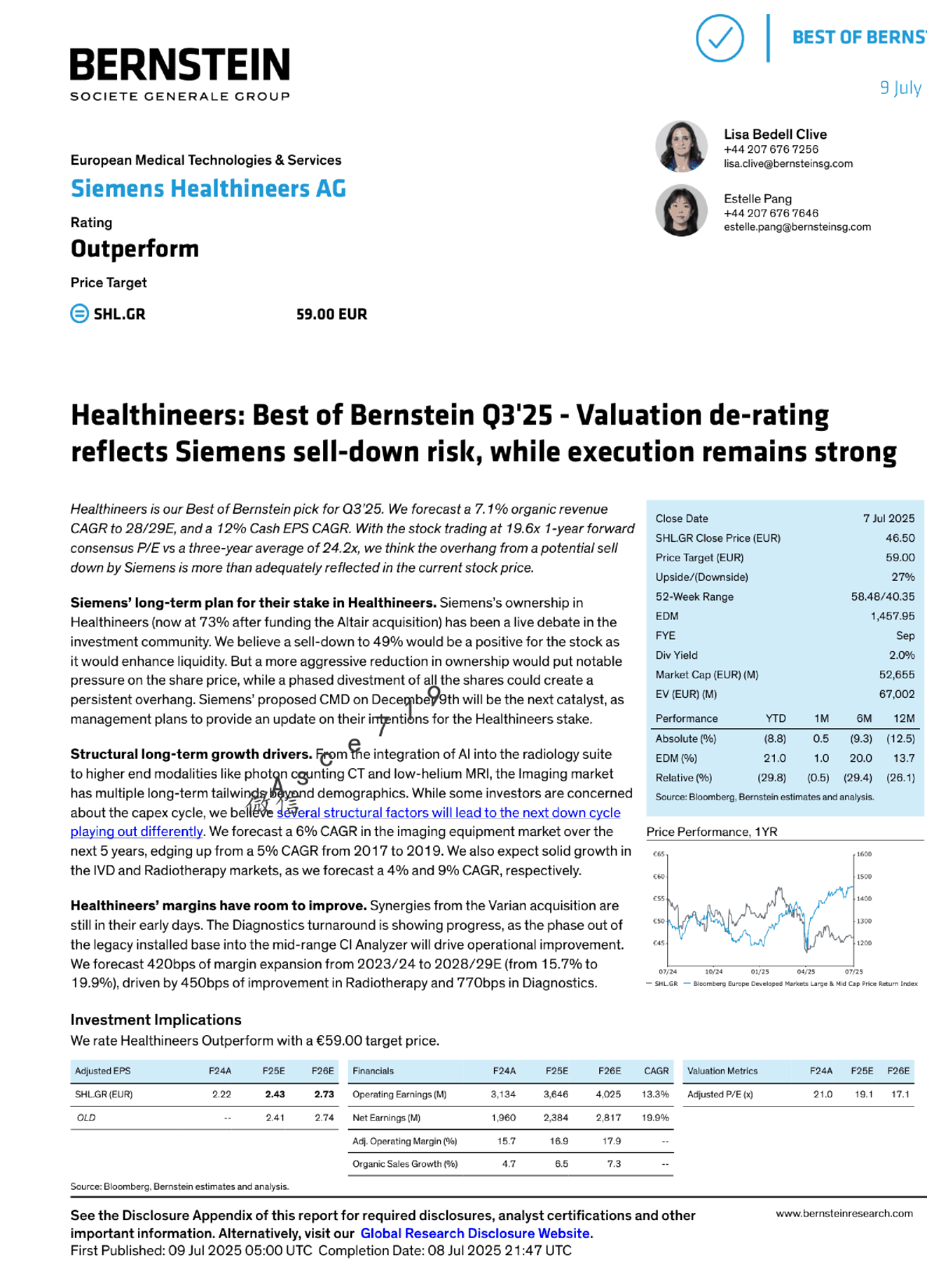 Healthineers：伯恩斯坦25年第三季度最佳表现——估值下调反映了西门子的抛售风险，而执行力仍然强劲