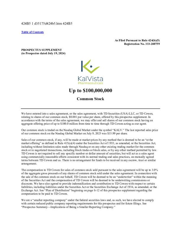 KalVista Pharmaceuticals Inc美股招股说明书(2025-07-10版)