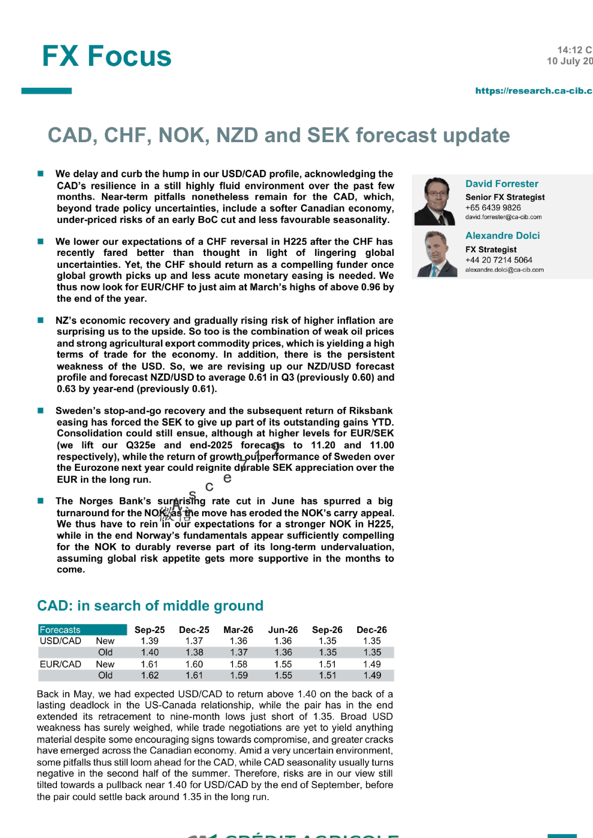 CAD、CHF、NOK、NZD和SEK汇率预测更新