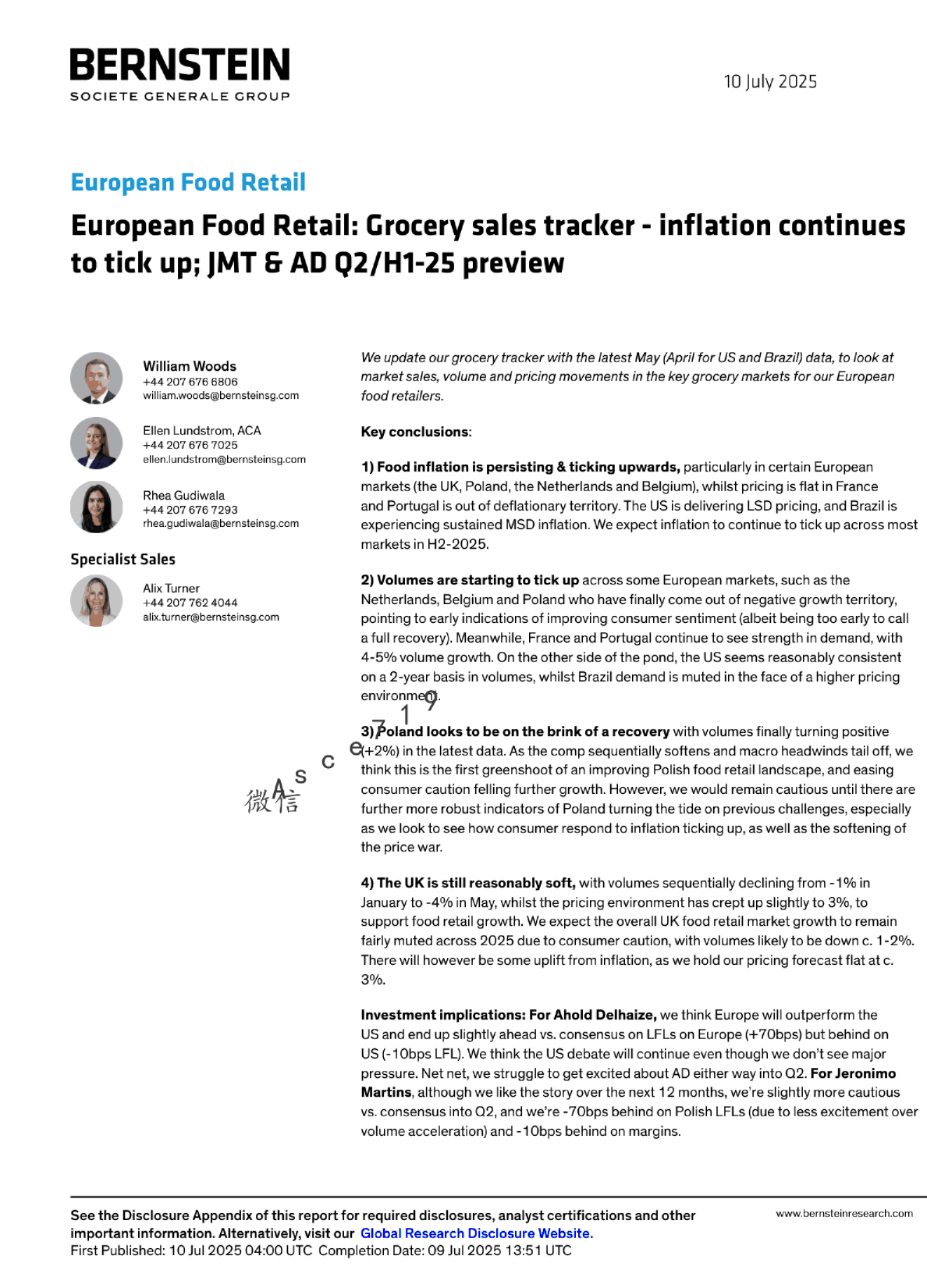 欧洲食品零售：杂货销售追踪 - 通胀持续上升；JMT & AD Q2/H1-25 预览