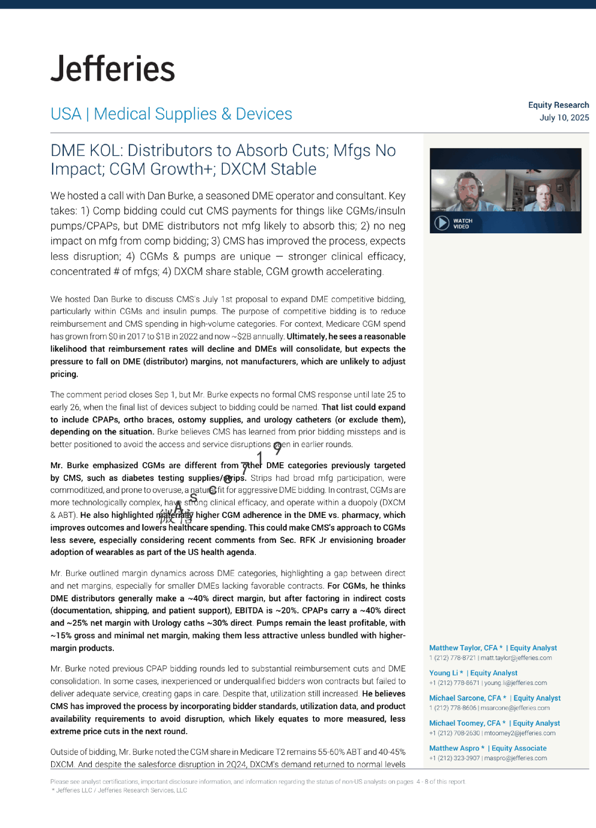 DME KOL: 分销商将吸收削减，制造商不受影响；CGM增长加速；DXCM稳定