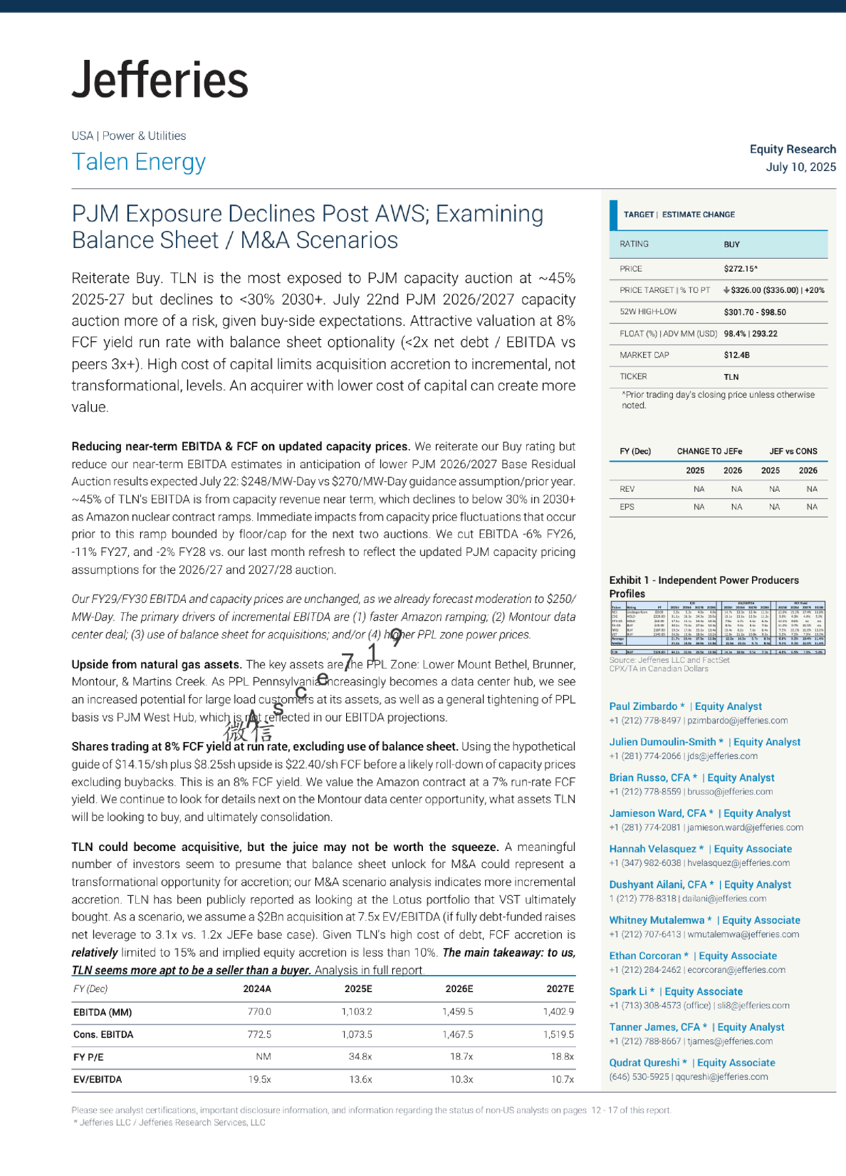 AWS后PJM风险敞口下降；审查资产负债表/并购方案