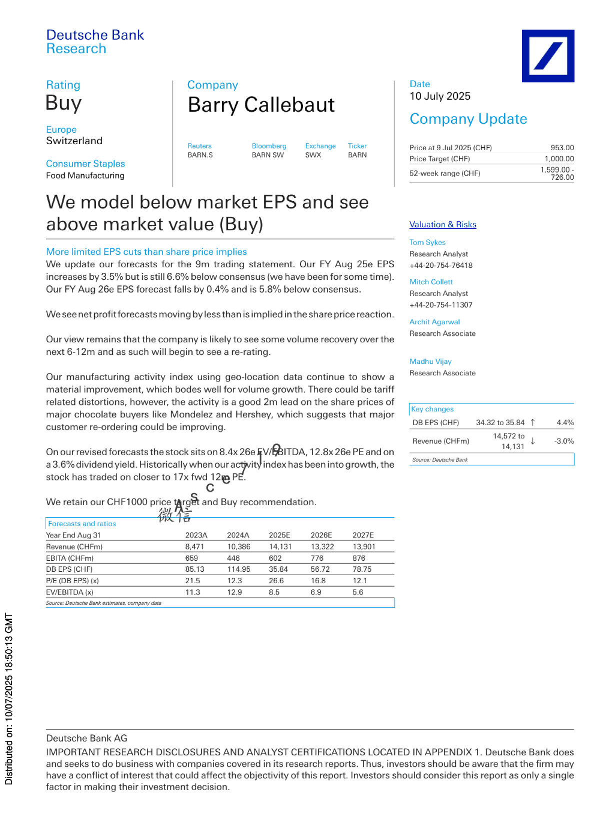Barry Callebaut 公司更新：我们预测低于市场每股收益但看到高于市场价值（买入）