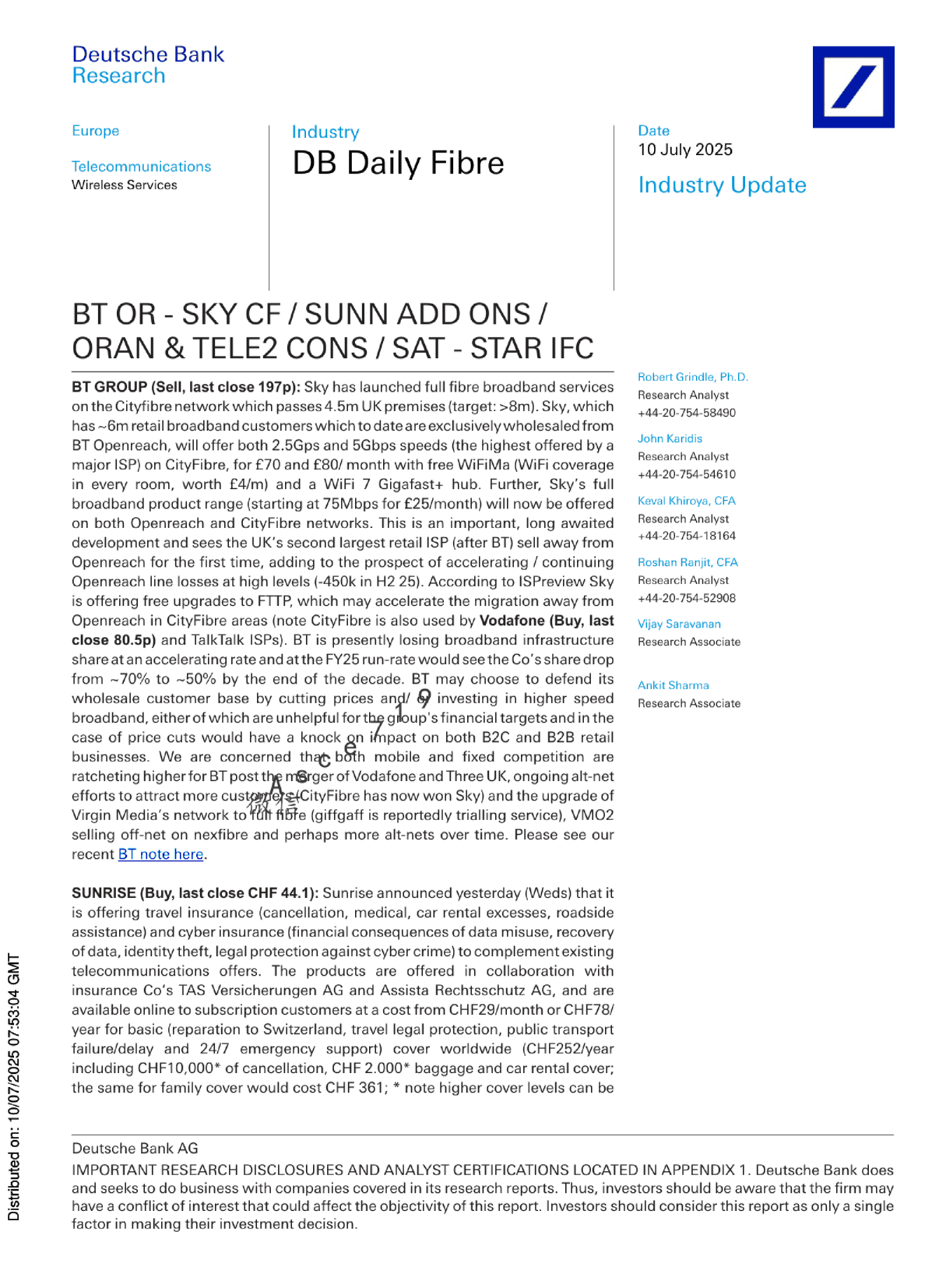 BT集团（卖出，最新收盘价197p）：Sky在Cityfibre网络上推出全光纤宽带服务