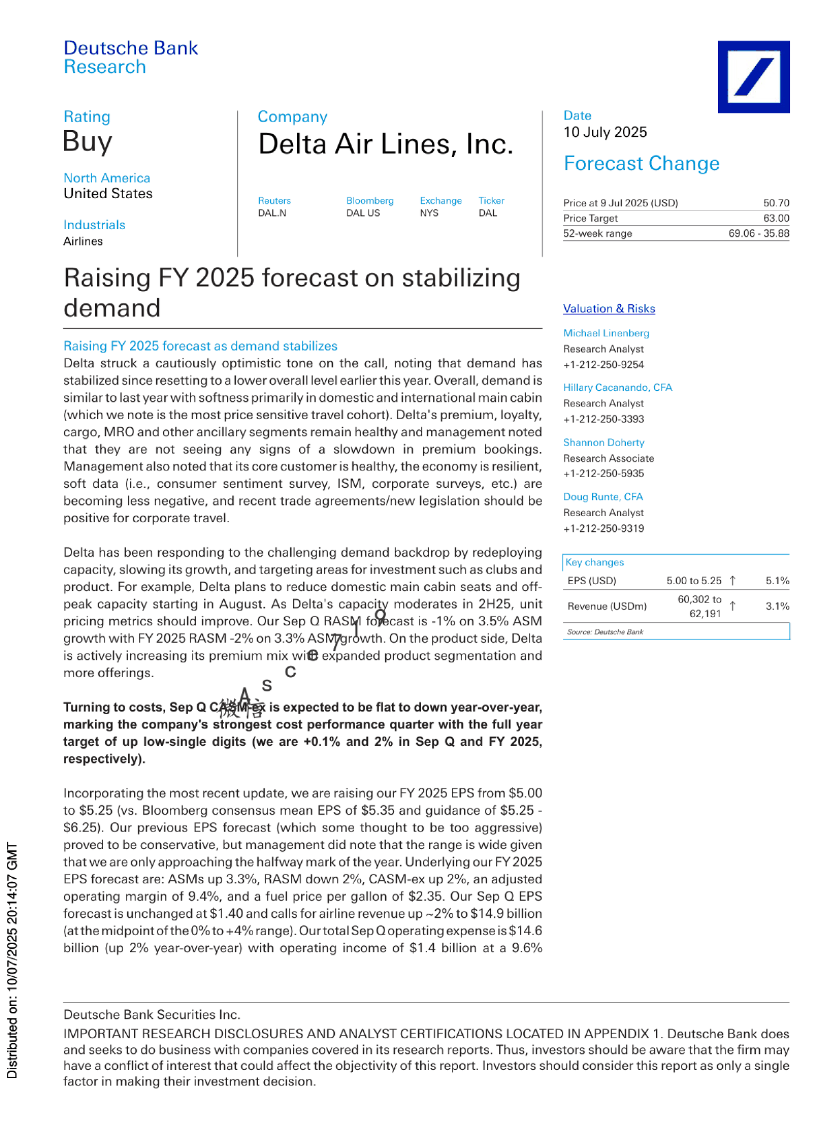 达美航空：基于需求稳定上调2025财年预测