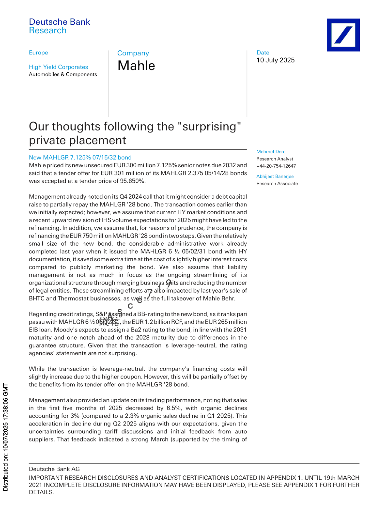 关于Mahle意外私募发行的思考