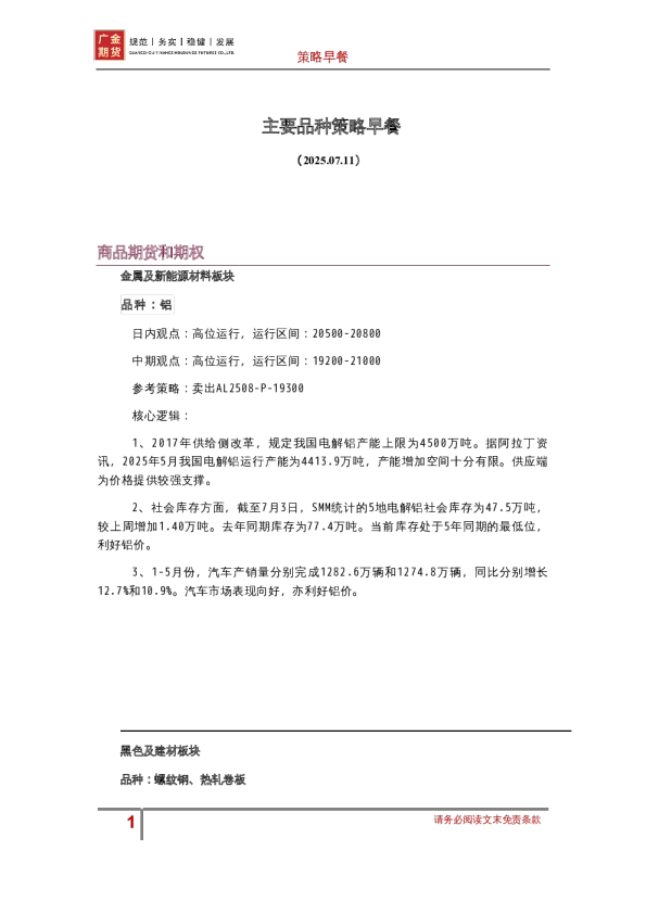 主要品种策略早餐（2025.07.11）