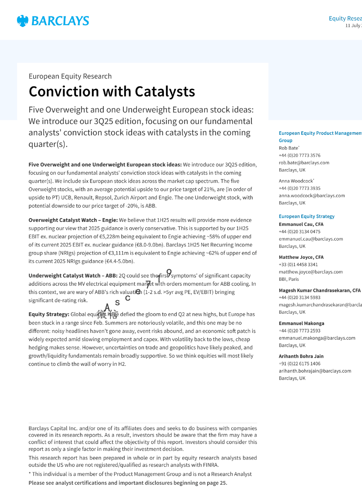 欧洲股票研究：具有催化剂的坚定信念 - 五支超配和一支低配欧洲股票