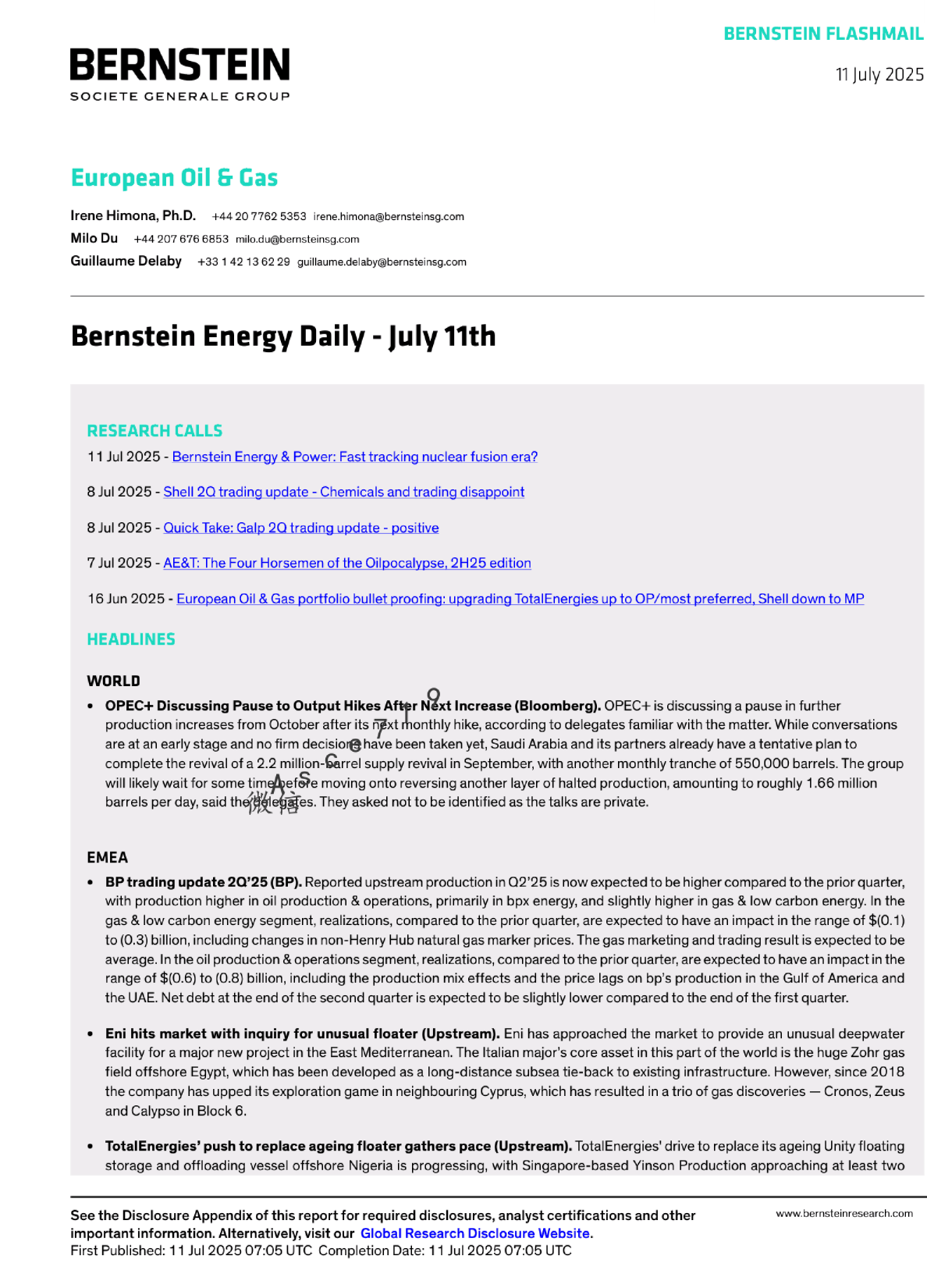 伯恩斯坦能源日报 - 7月11日