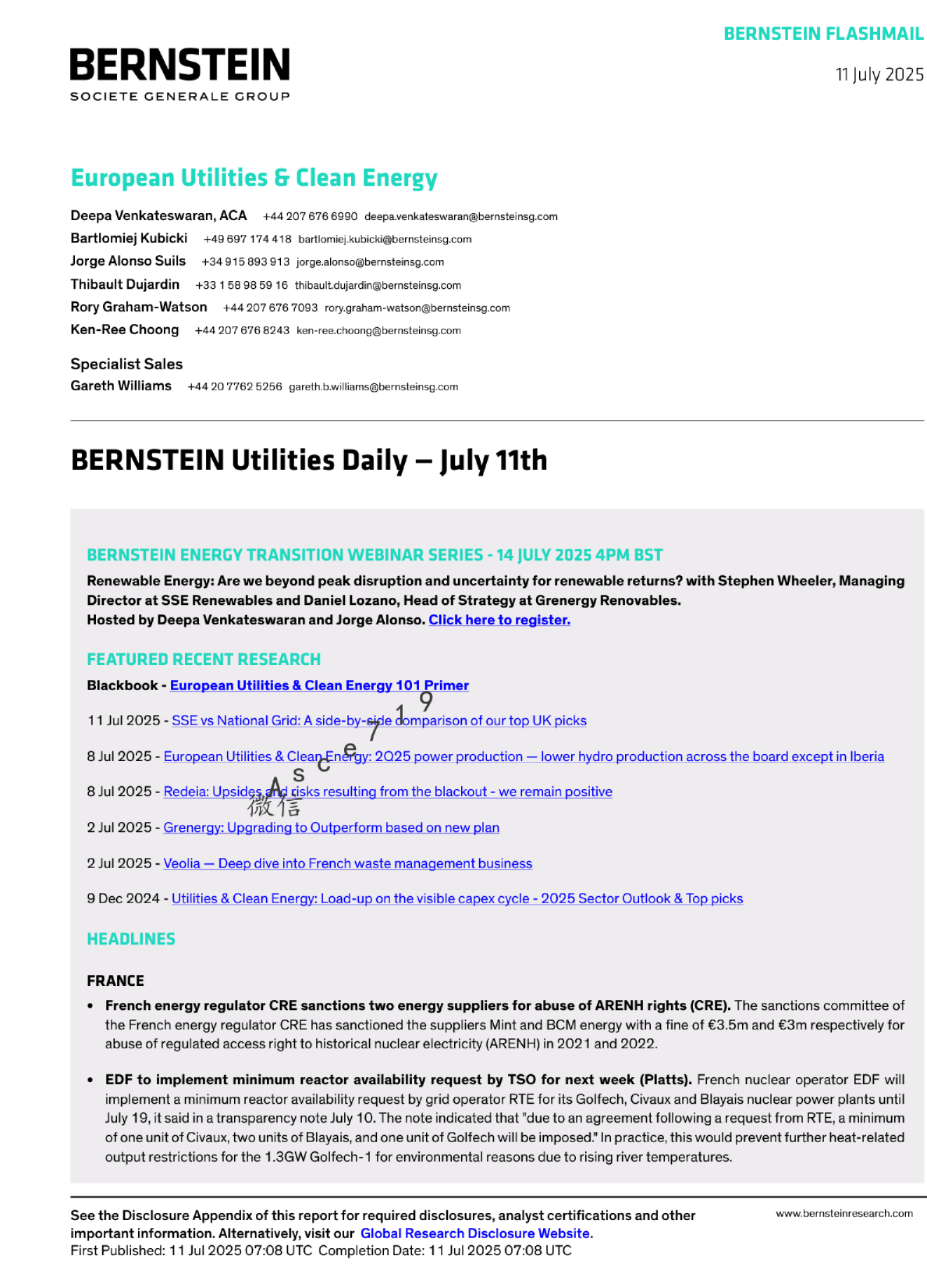 伯恩斯坦公用事业日报-7月11日