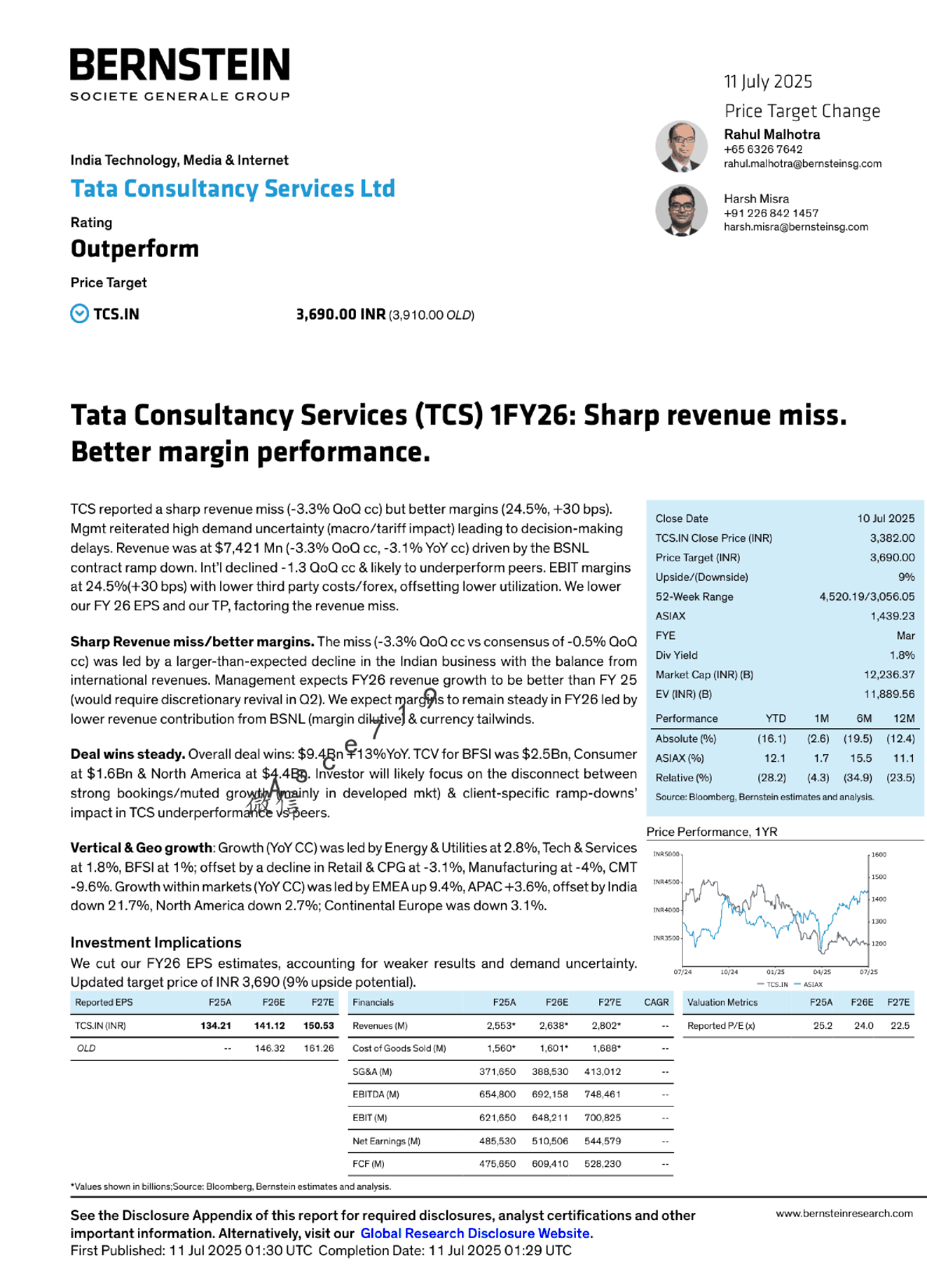 塔塔咨询服务公司 (TCS) 1FY26：收入大幅不及预期，利润率表现较好