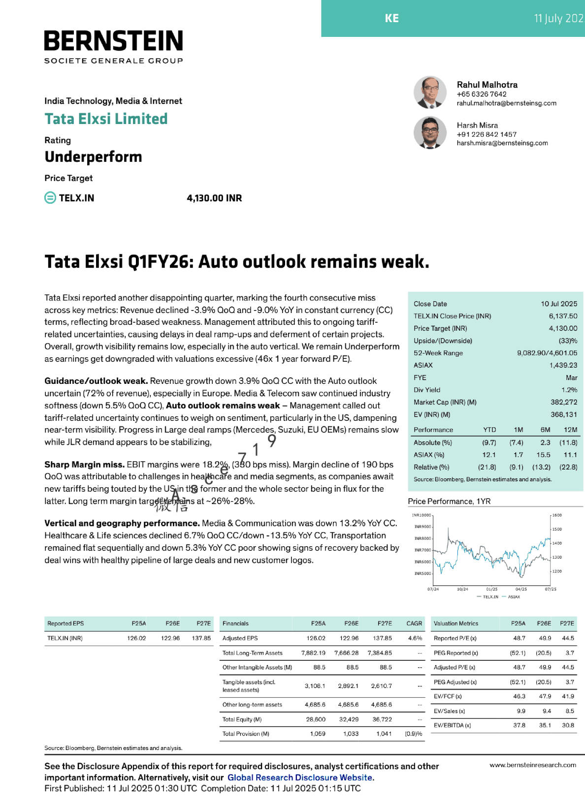Tata Elxsi Q1FY26: 汽车行业前景依然疲软