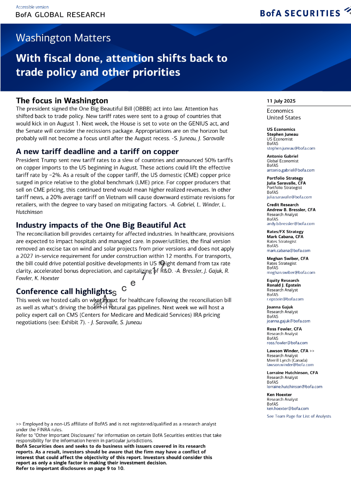 华盛顿事务：财政法案通过后，注意力转向贸易政策及其他优先事项