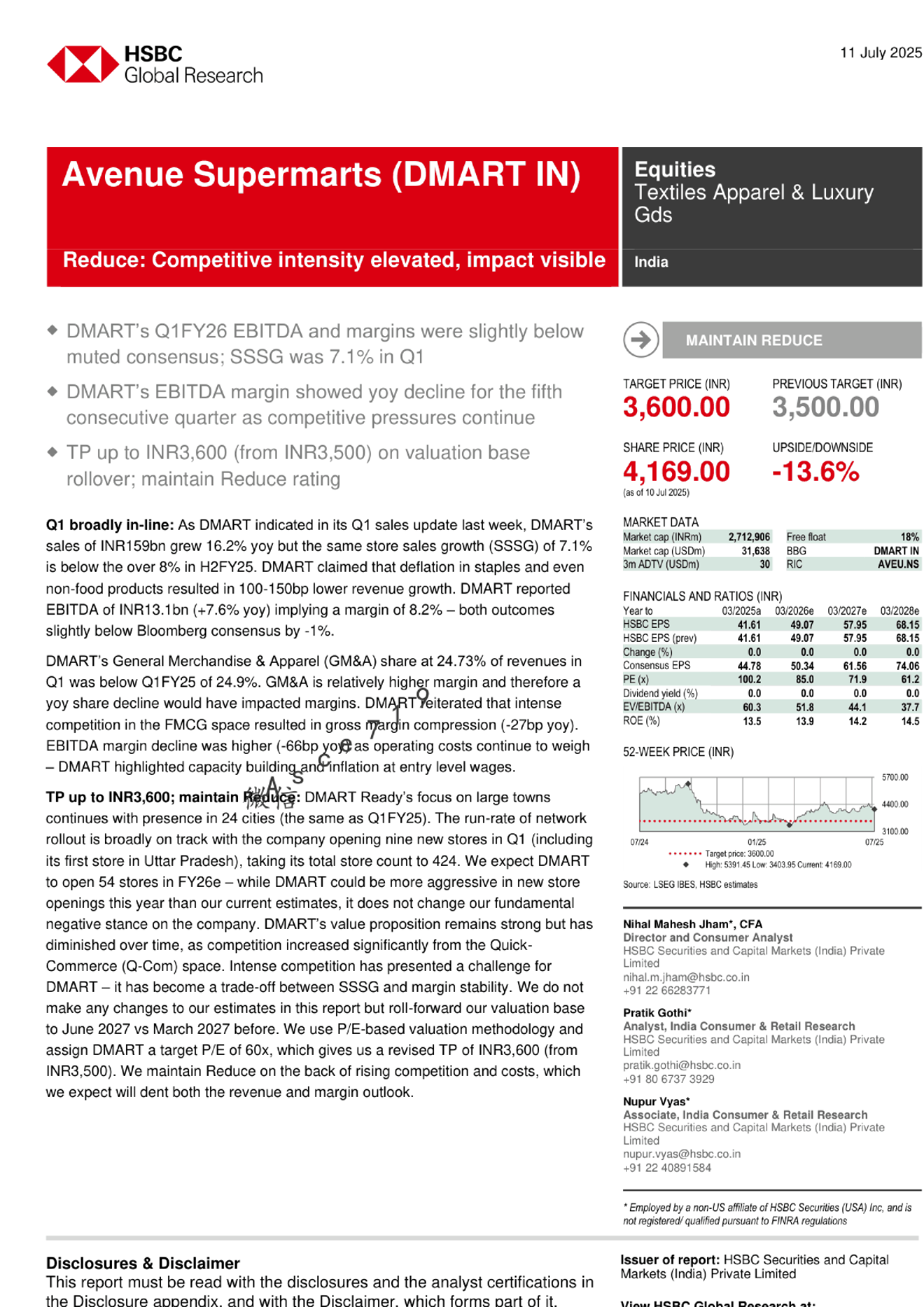 Avenue Supermarts (DMART IN) 评级下调：竞争加剧影响显现