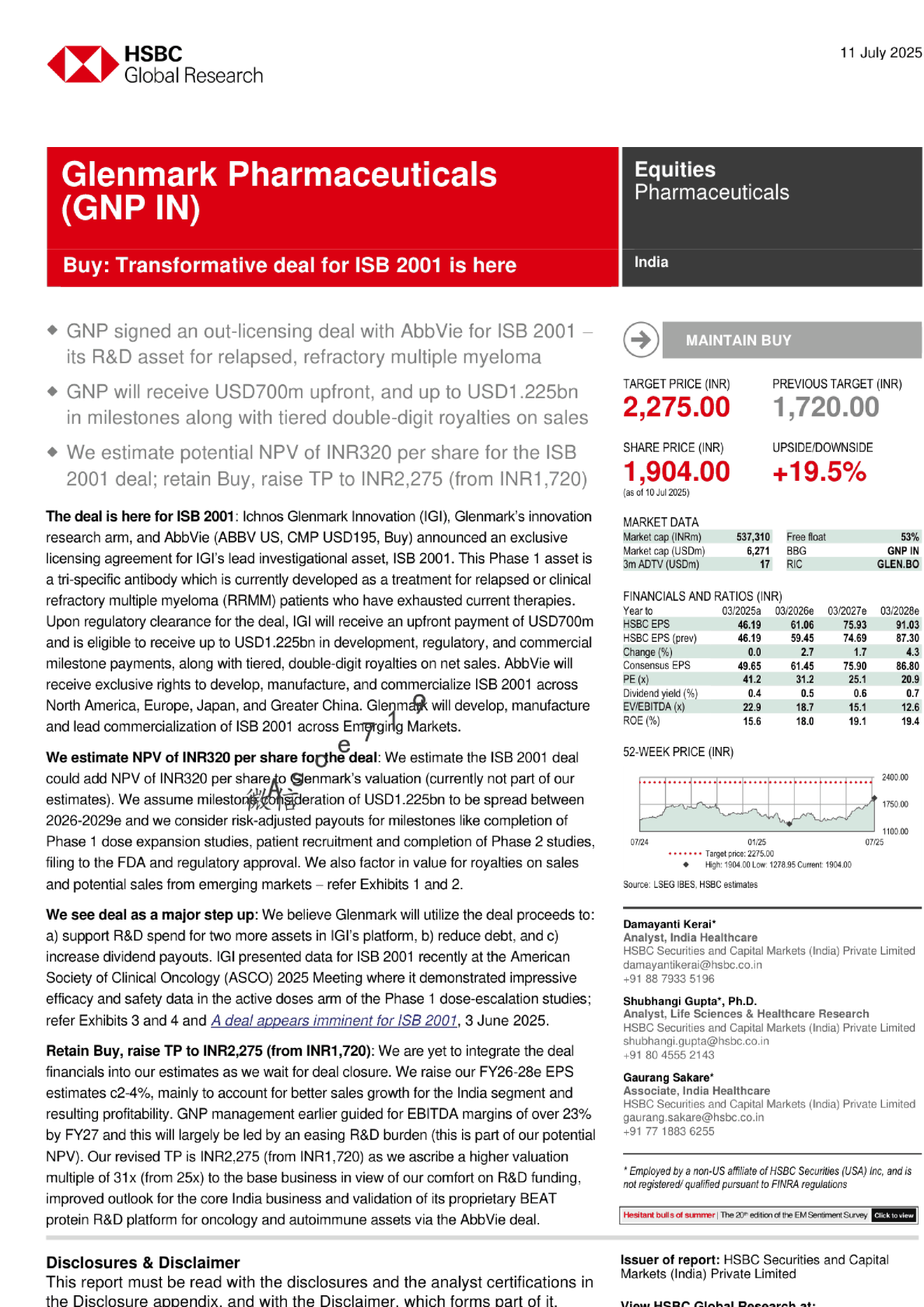 Glenmark Pharmaceuticals与AbbVie就ISB 2001达成变革性协议
