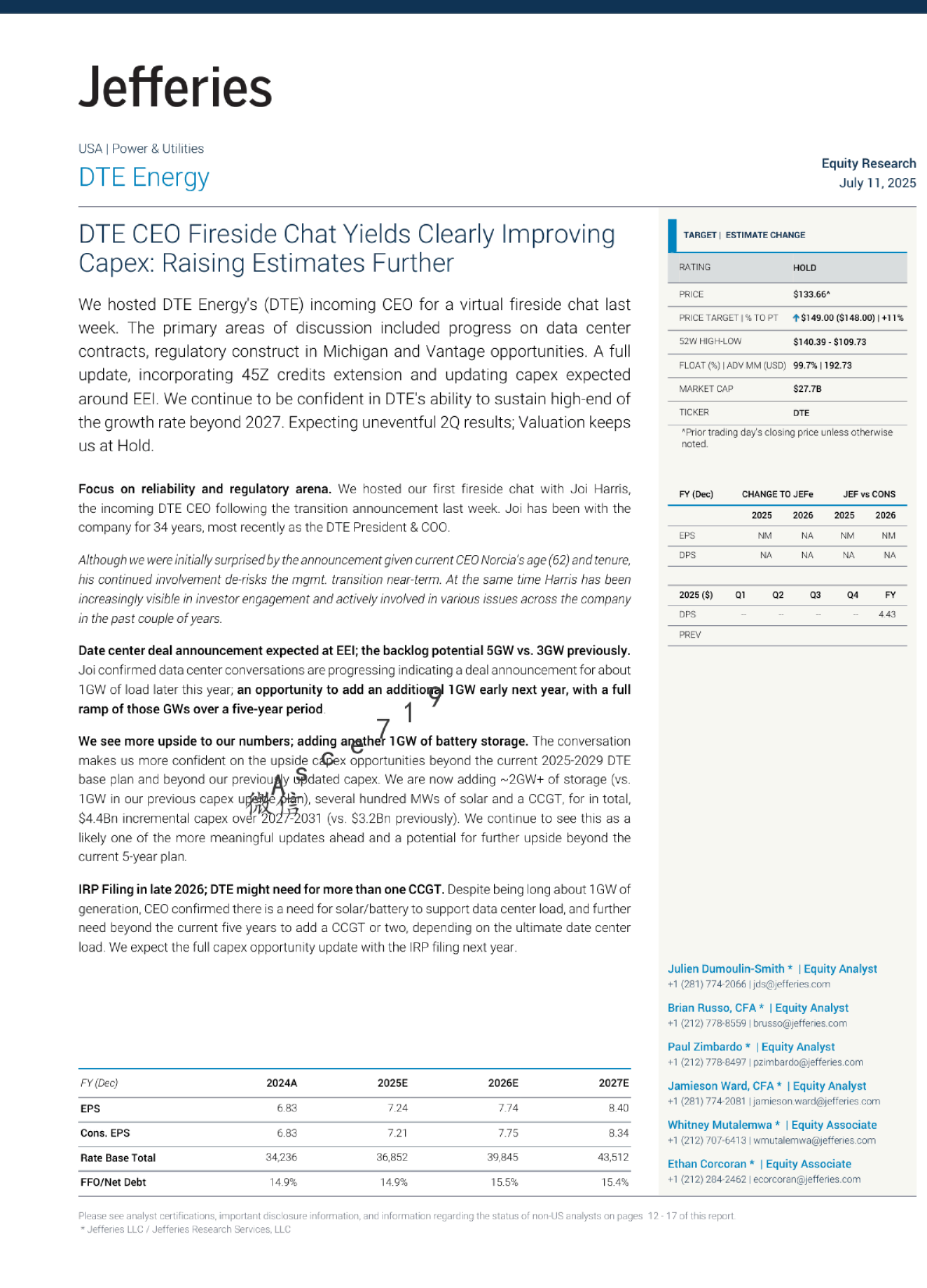 DTE CEO炉边谈话显示资本支出预期明显提升