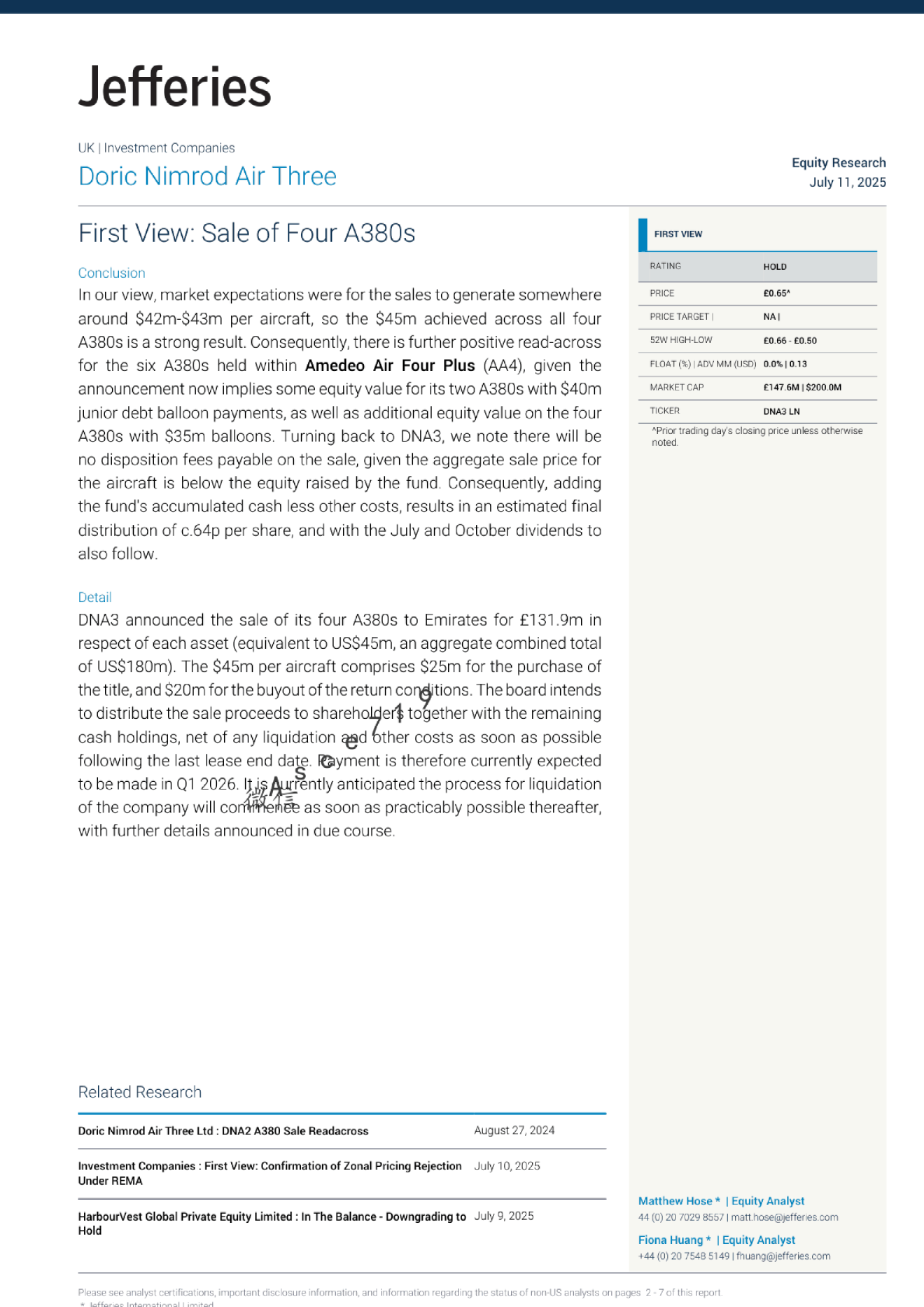 首次观点：四架A380的出售