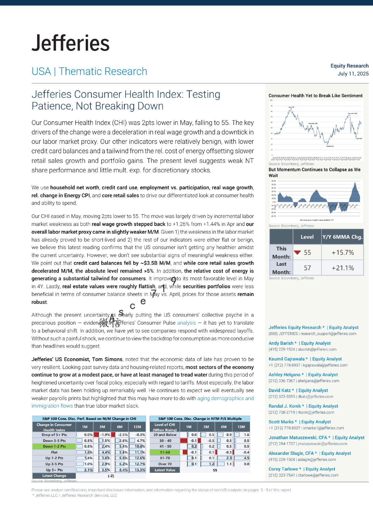 Jefferies消费者健康指数：耐心等待，尚未崩溃