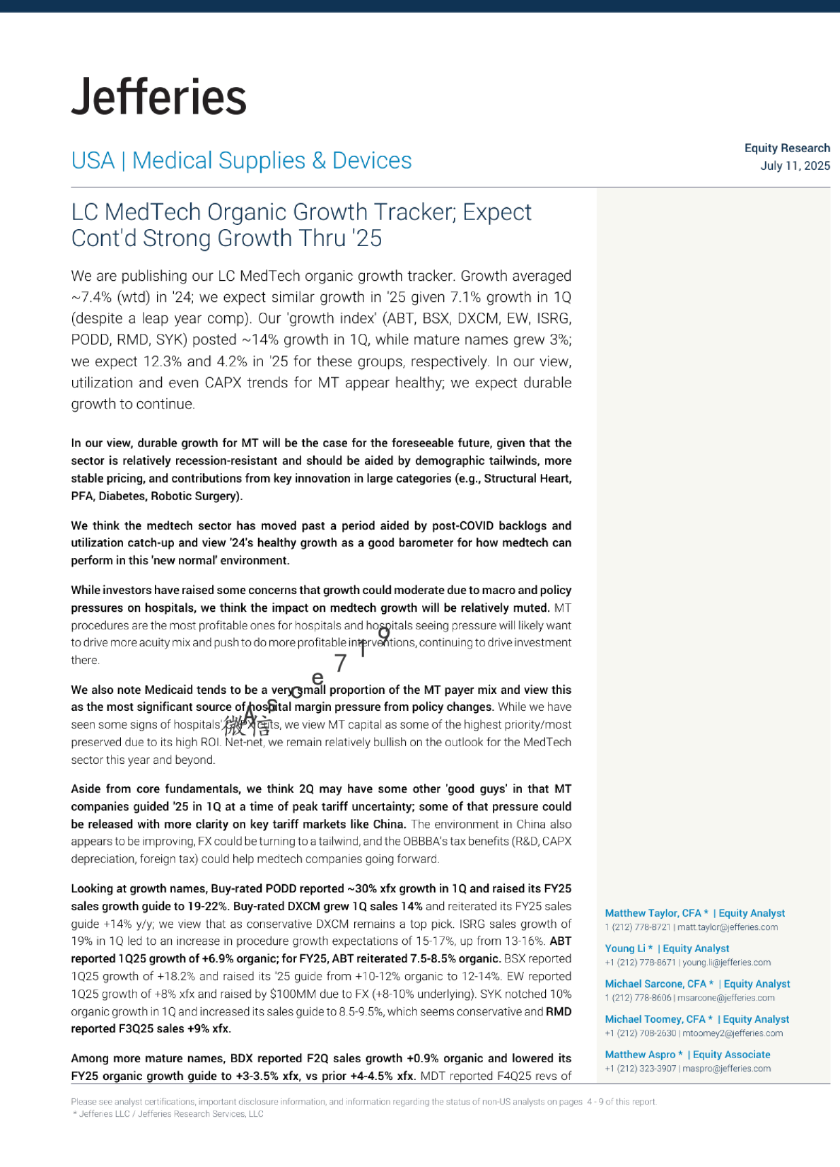 LC MedTech有机增长追踪器；预计2025年持续强劲增长