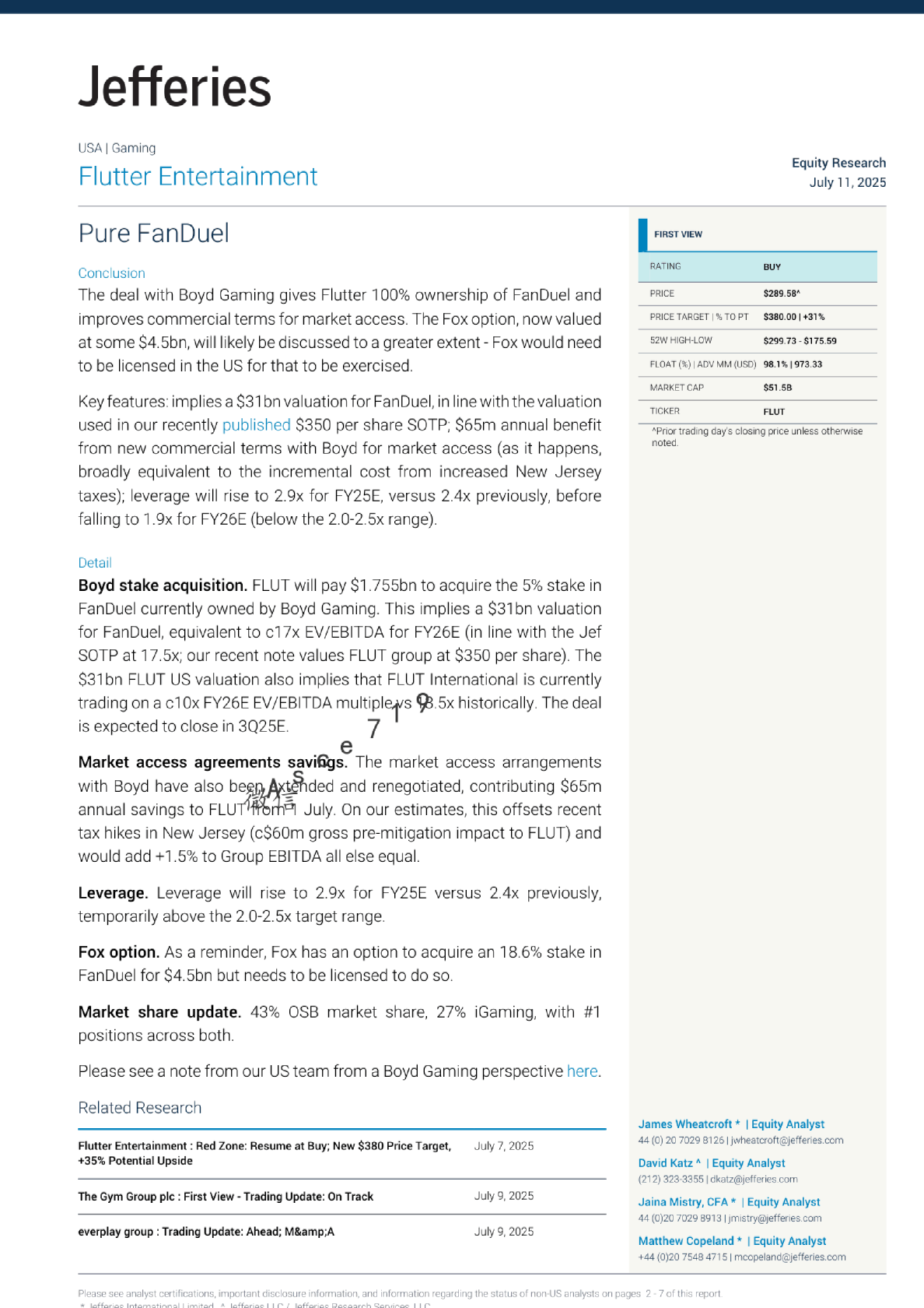 Flutter Entertainment：红区：恢复买入评级；新目标价380美元