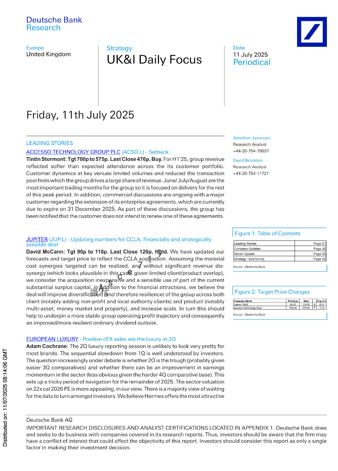 英国每日焦点：ACCESSO TECHNOLOGY GROUP PLC遭遇挫折，Jupiter更新CCLA收购数据