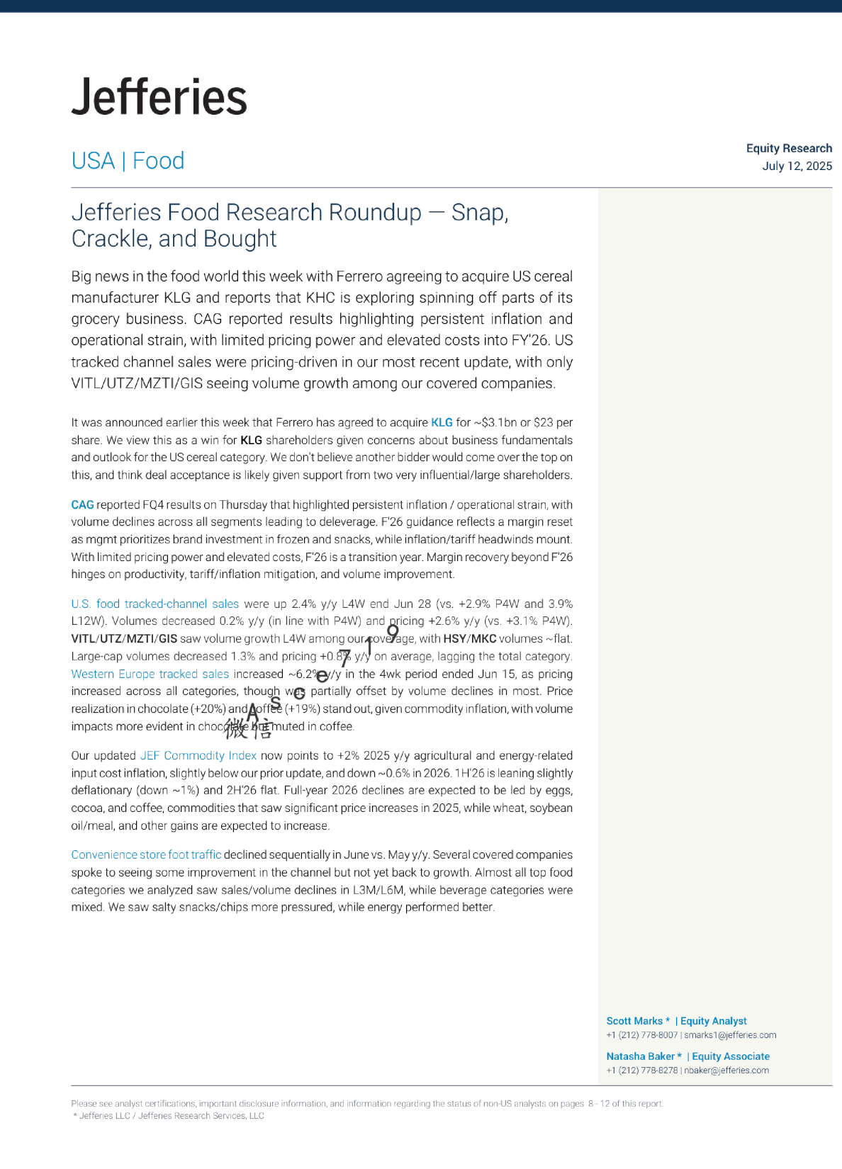 Jefferies食品研究综述：Snap Crackle, and Bought